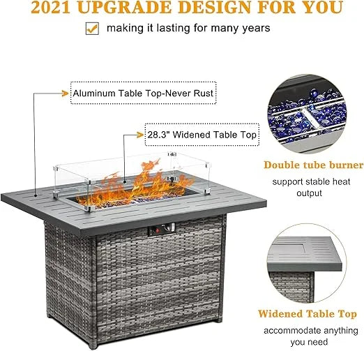 LayinSun 44" Propane Gas Fire Pit Table, 55000 BTU Rectangular Fire Pit with Glass Wind Guard for Outside Patio Deck Garden Backyard