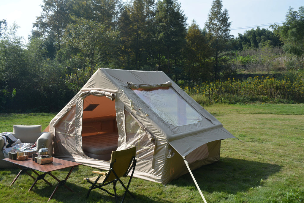 Inflatable Camping Tent Easy Setup 4 Season Glamping Tent 4-6 Persons Waterproof Windproof Outdoor Self-Supporting Blow up Tent Air Tent Portable House Beige