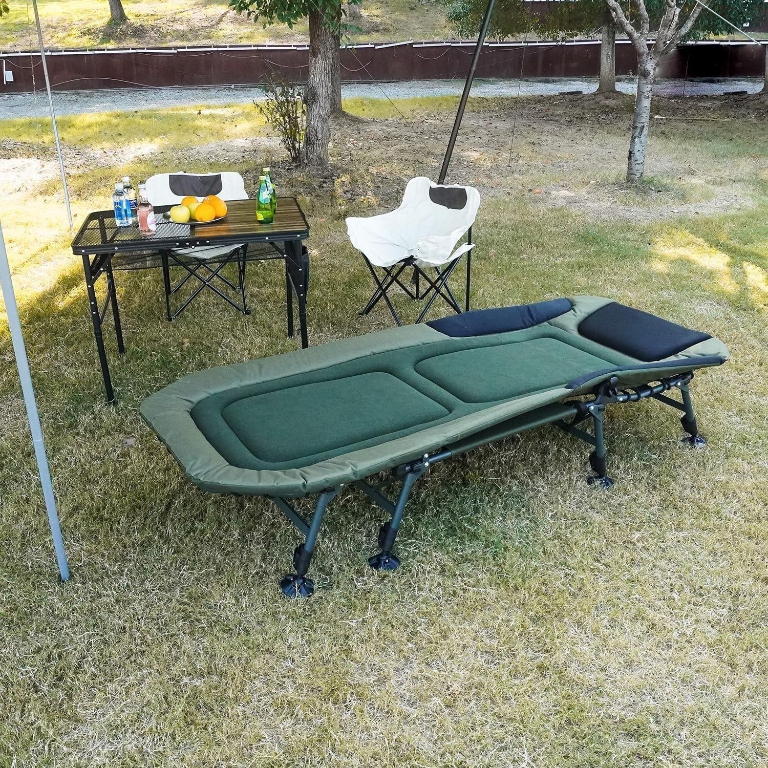 Camping Cots for Adults 330Lbs with Carry Bag, Heavy Duty Folding Bed with Soft Padded Cushion, Portable Military Cot for Hunting, 180�� Adjustable Reclining Outdoor Lounger