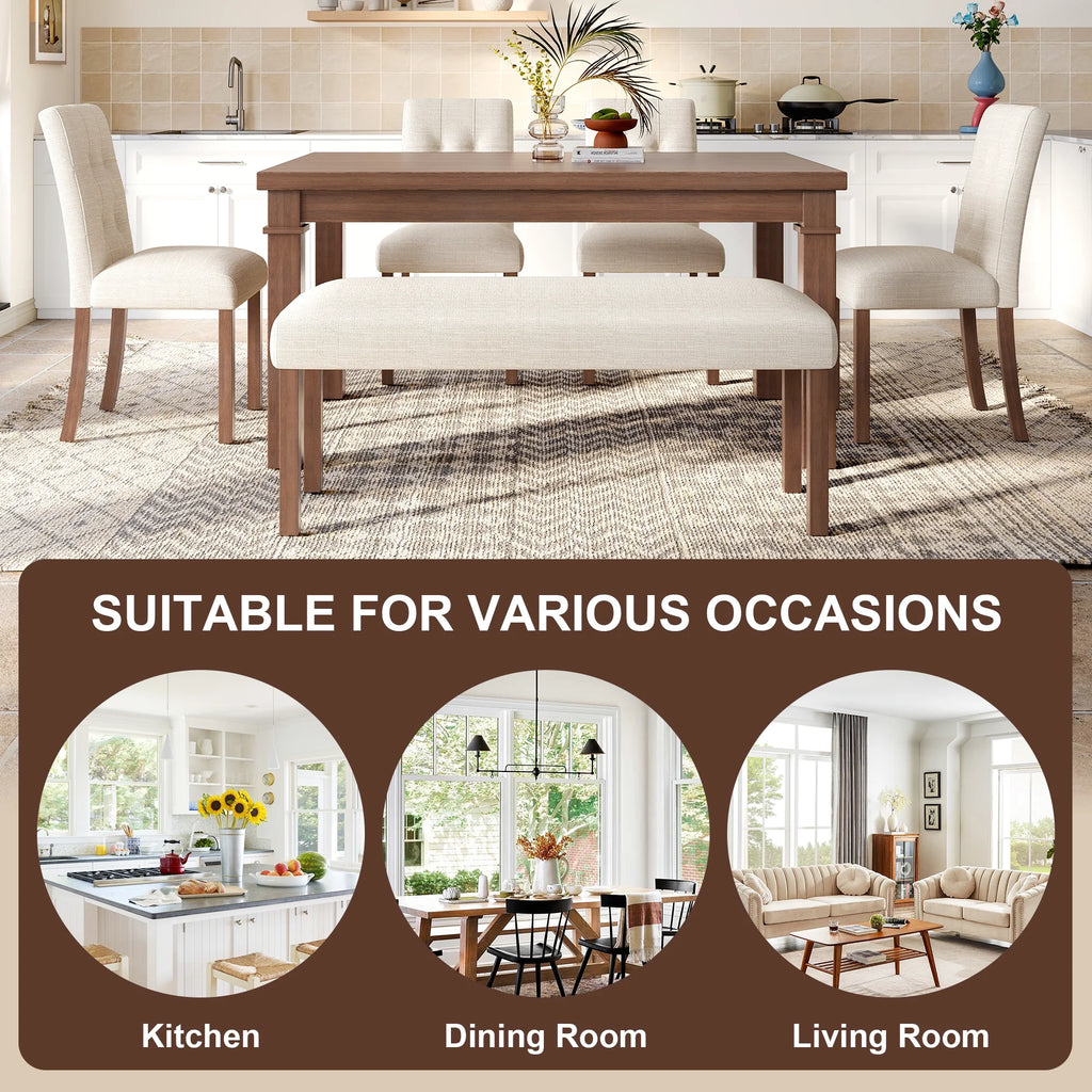 Euroco 6-Piece Wood Dining Table Set for 6, Modern Rectangular Kitchen Table with 4 Upholstered Chairs & Bench for Kitchen Dining Room,Walnut
