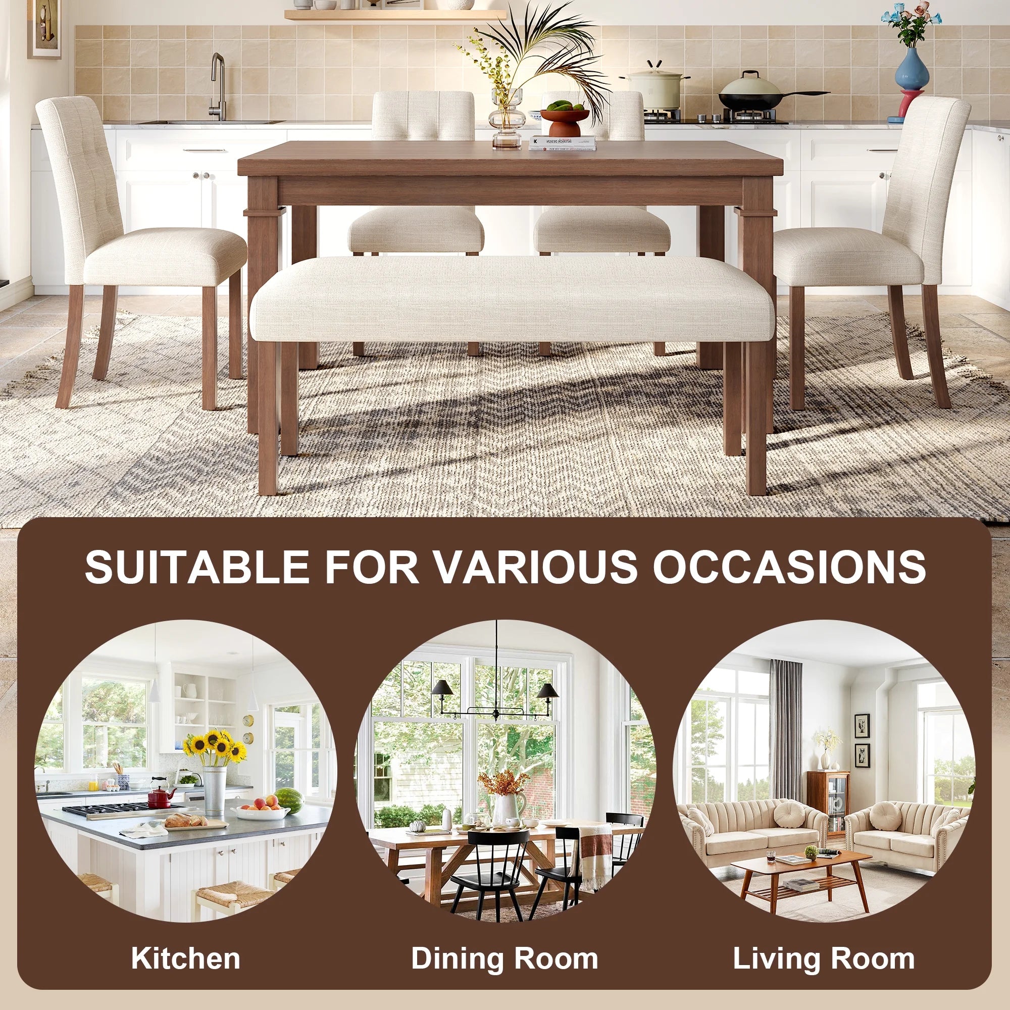 Euroco 6-Piece Wood Dining Table Set for 6, Modern Rectangular Kitchen Table with 4 Upholstered Chairs & Bench for Kitchen Dining Room,Walnut