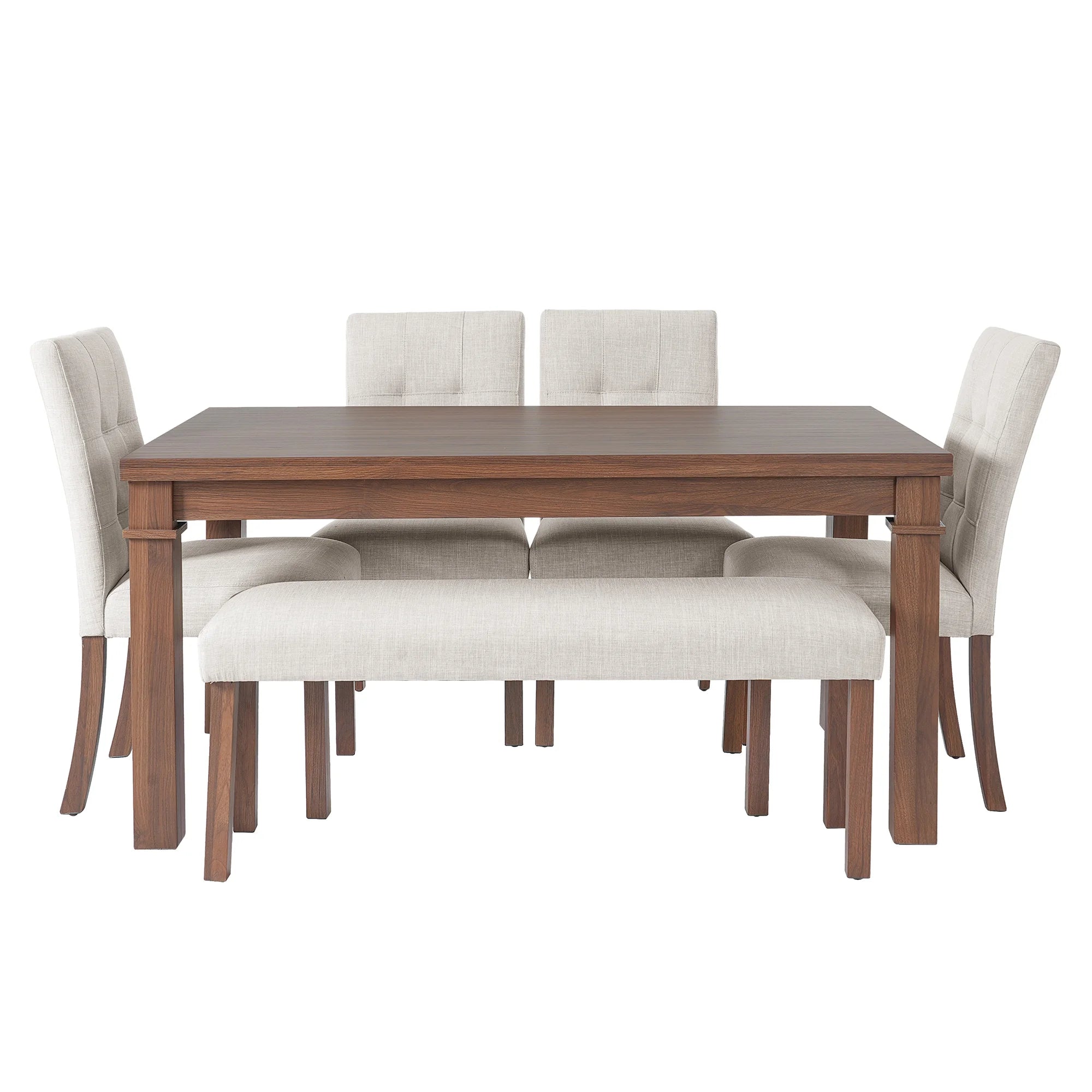 Euroco 6-Piece Wood Dining Table Set for 6, Modern Rectangular Kitchen Table with 4 Upholstered Chairs & Bench for Kitchen Dining Room,Walnut