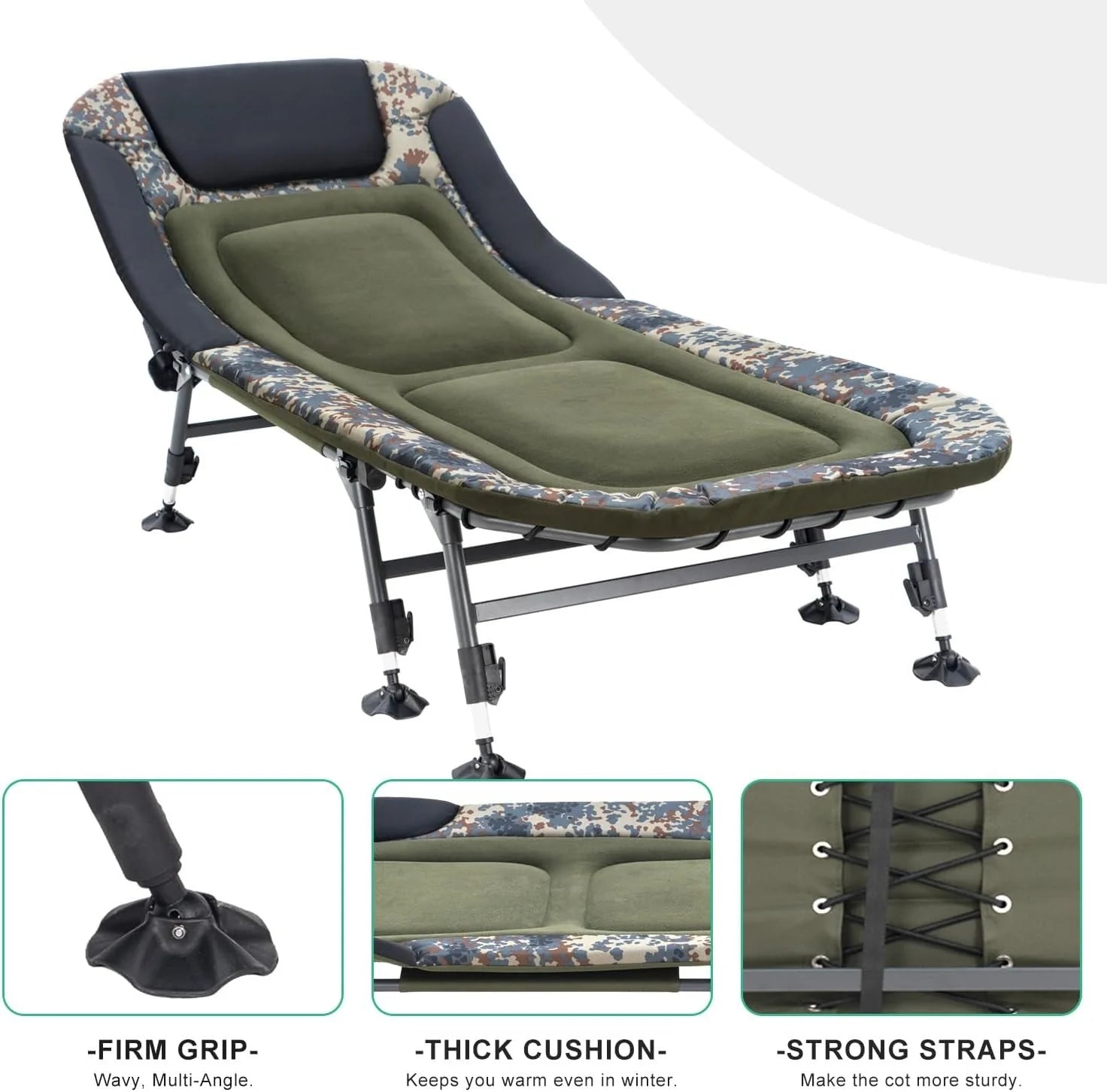 Camping Cots for Adults 330Lbs with Carry Bag, Heavy Duty Folding Bed with Soft Padded Cushion, Portable Military Cot for Hunting, 180�� Adjustable Reclining Outdoor Lounger