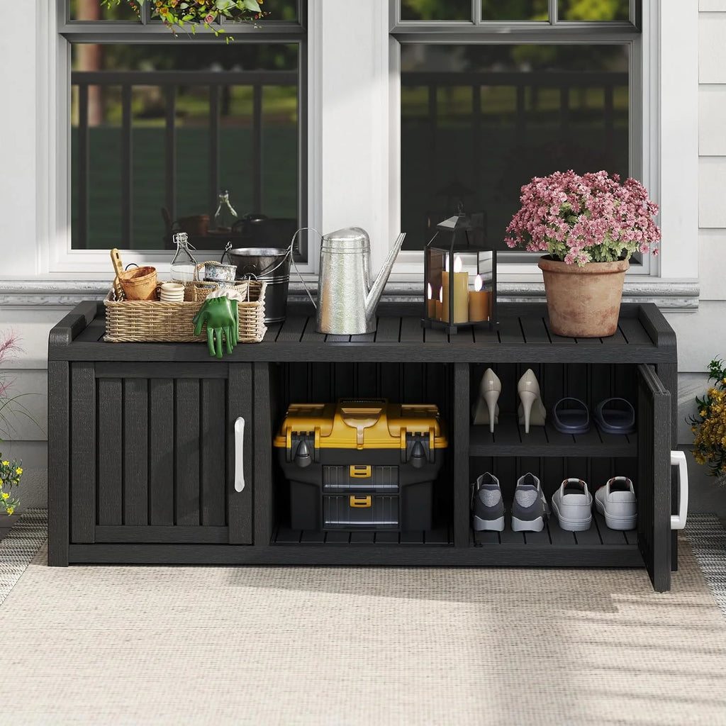 KAMABOKO Outdoor Shoe Storage Cabinet, Waterproof UV-Resistant Entryway Storage Bench Indoor Outdoor with 2 Barn Doors, Adjustable Shelves for Entryway, Bedroom, Hallway,Living Room(Black)