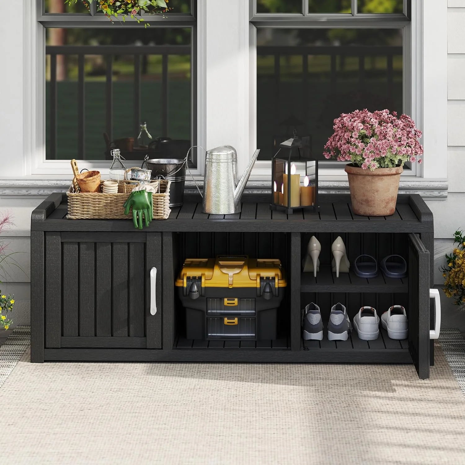 KAMABOKO Outdoor Shoe Storage Cabinet, Waterproof UV-Resistant Entryway Storage Bench Indoor Outdoor with 2 Barn Doors, Adjustable Shelves for Entryway, Bedroom, Hallway,Living Room(Black)