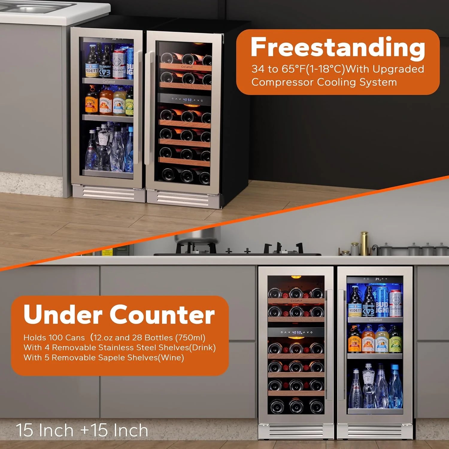 Ca'Lefort 30" Wine and Beverage Refrigerator, 28 Bottles Dual Zone Wine Fridge and 100 Cans Beverage Fridge Cooler with Stainless Steel  Door Framed