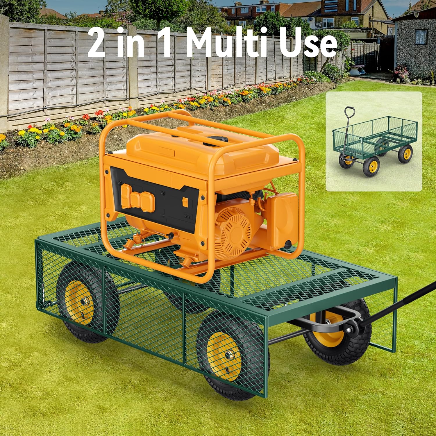 Steel Garden Cart, 2-in-1 1400 lbs Heavy Duty Utility Wagon, with Removable Mesh Sides to Convert into Flatbed, 240�� U-Turn 13" Pneumatic Tires Garden Wagon for Farm Yard Lawn Garden Camping
