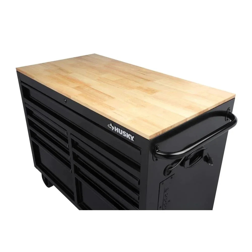 Mobile workbench with 9 drawers, hardwood top and power connection, 117 cm W x 62 cm D �C high-gloss black