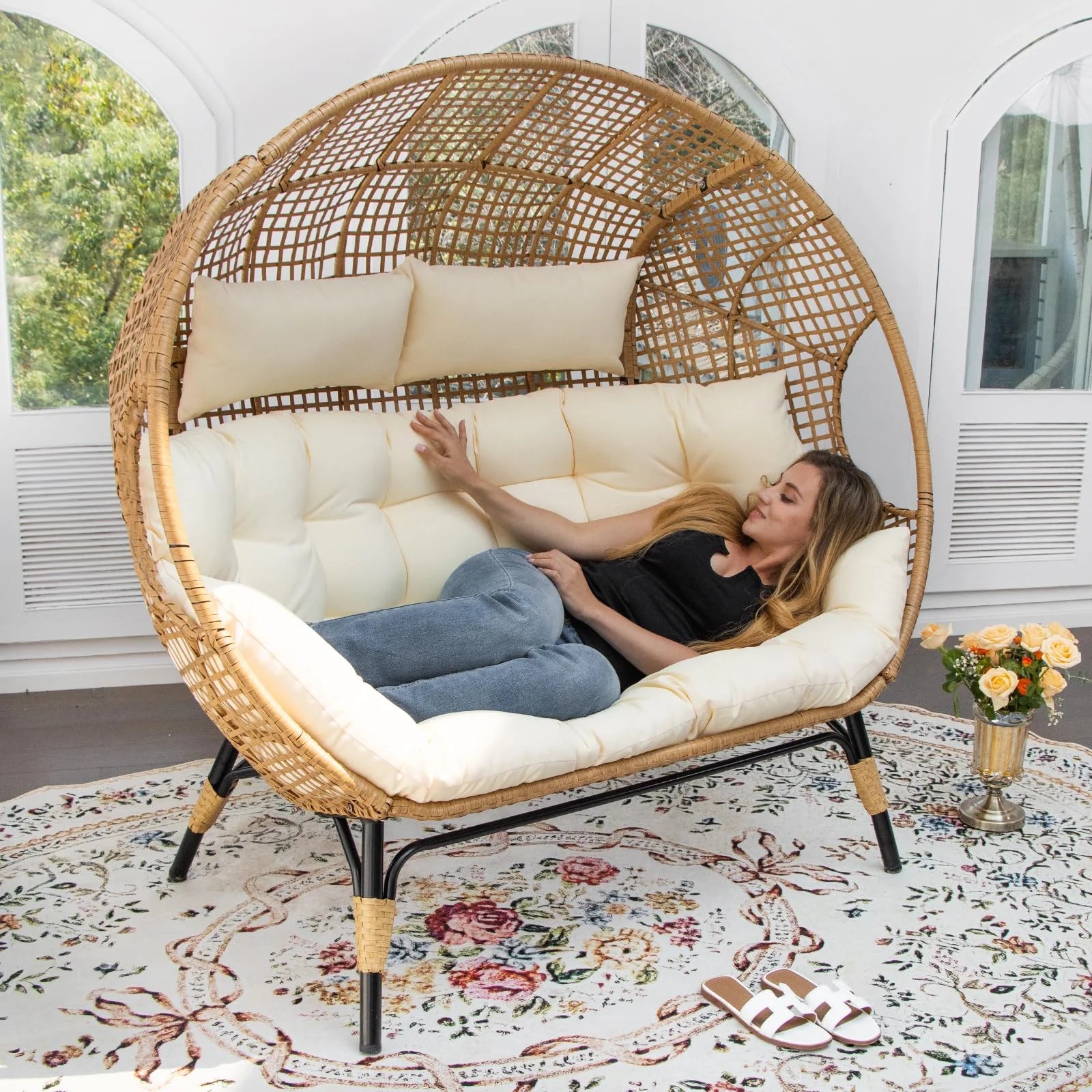 RADIATA Double Egg Chair for 2 Person, Oversized Wicker Loveseat with Thick Cushions, 680 lbs Capacity, Indoor Outdoor Stationary Patio Lounge Chair for Balcony, Garden, Beige