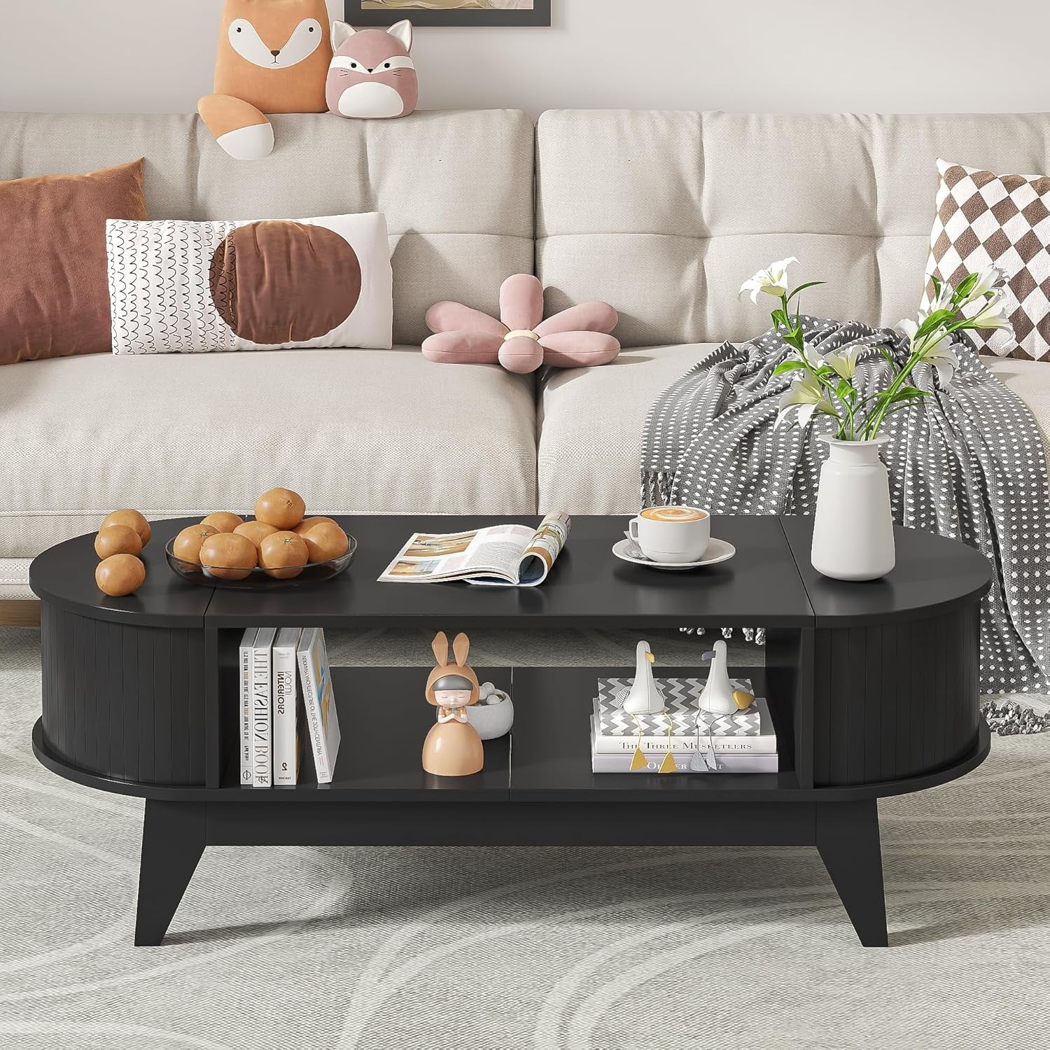Fluted Coffee Table with Storage, Modern Coffee Tables, Wood Accent Center Table