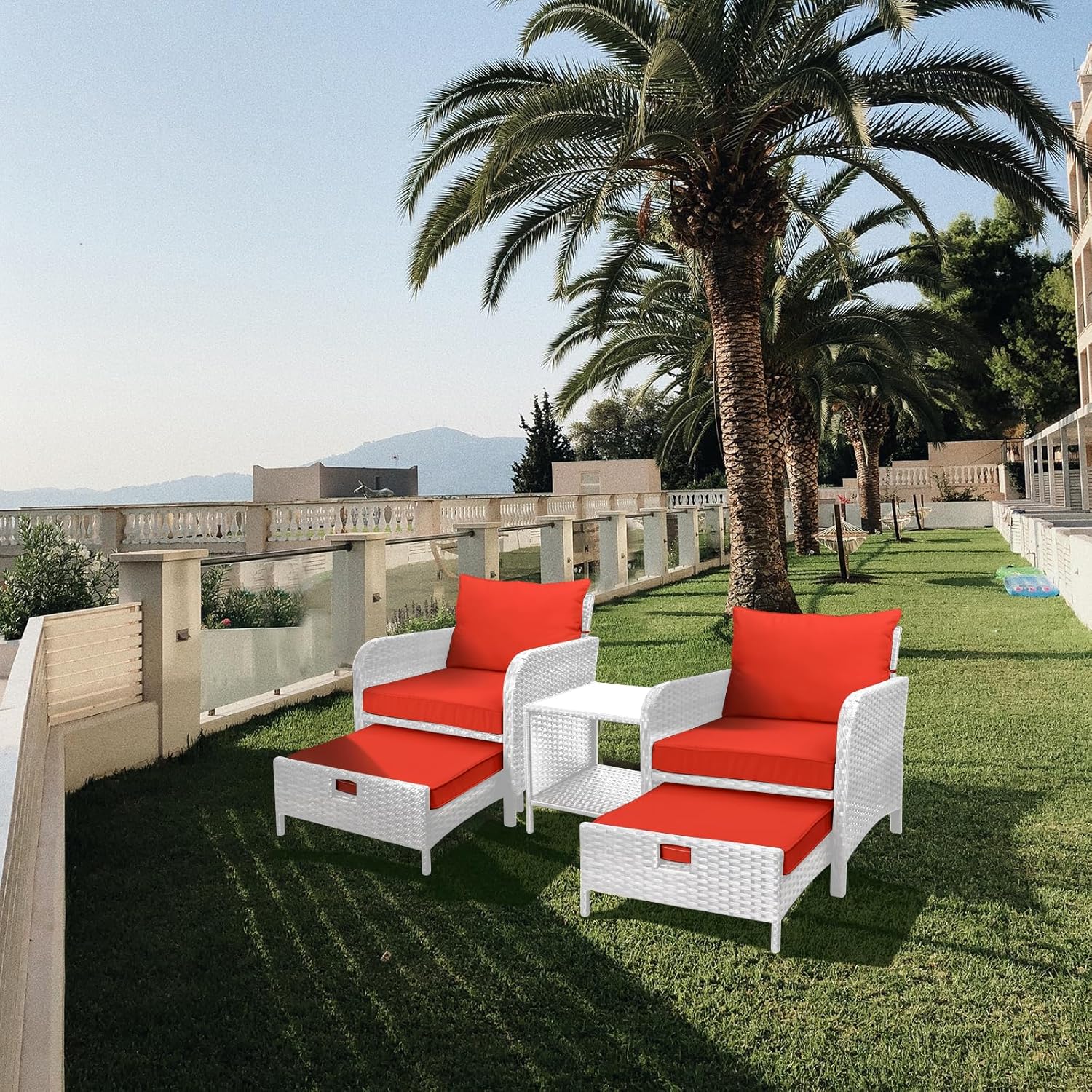 LEVELEVE Balcony Furniture 5 Piece Patio Conversation Set, PE Wicker Rattan Outdoor Lounge Chairs with Soft Cushions 2 Ottoman&Glass Table for Porch, Lawn-Brown Wicker