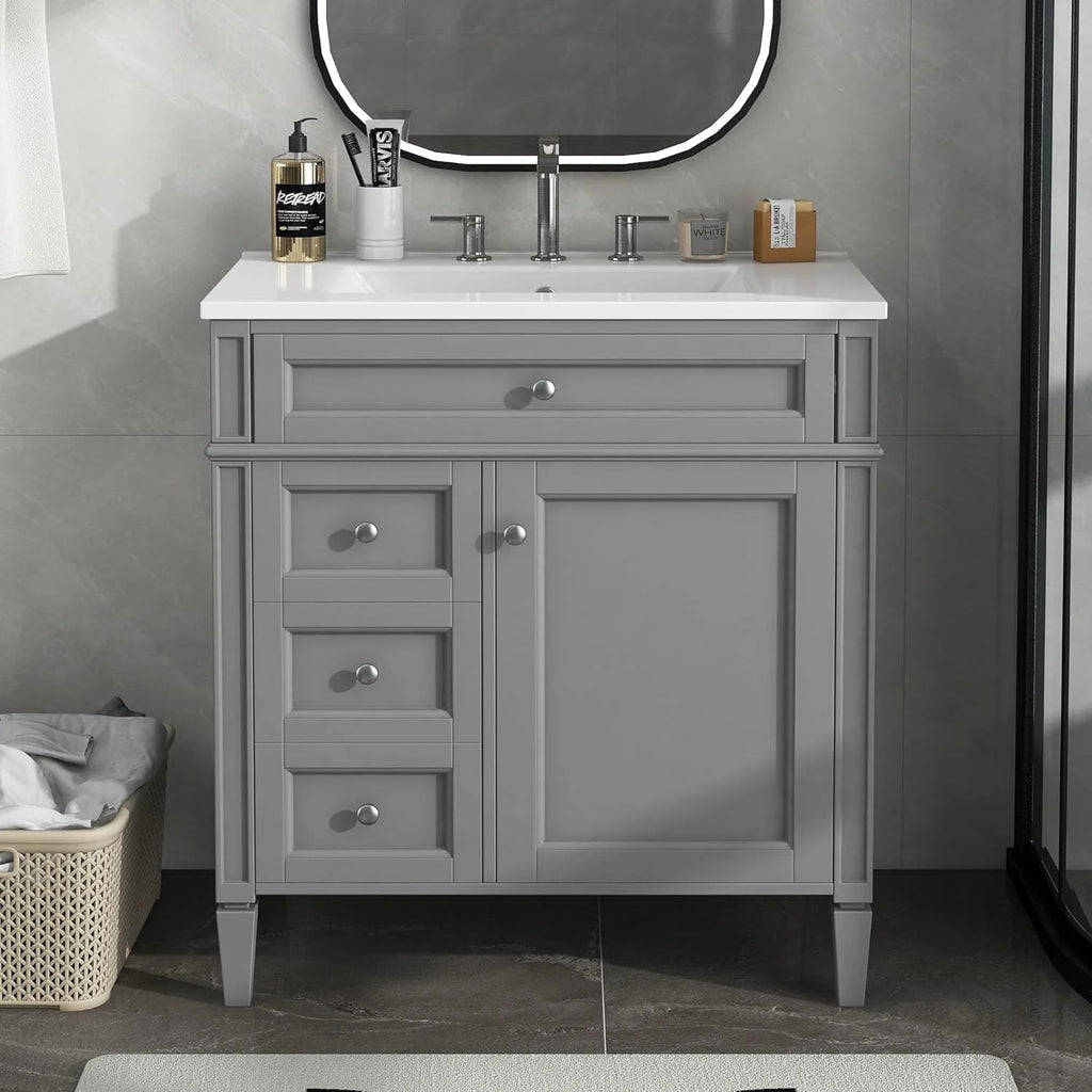 36" Bathroom Vanity with Single Sink Combo, Modern Undermount Bathroom Sink Cabinet with 2 Drawers and a Tip-Out Drawer, Freestanding Bathroom Vanities, Soft Closing, Solid Wood Frame