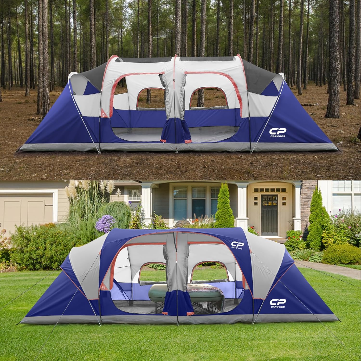 CAMPROS CP Tent 12-Person-Camping-Tents,3 Room Family Tents,Waterproof Windproof Family Tent with Top Rainfly,6 Large Mesh Windows,Double Layer,Easy Set Up, Portable with Carry Bag-20' x 9' x 72"(H)
