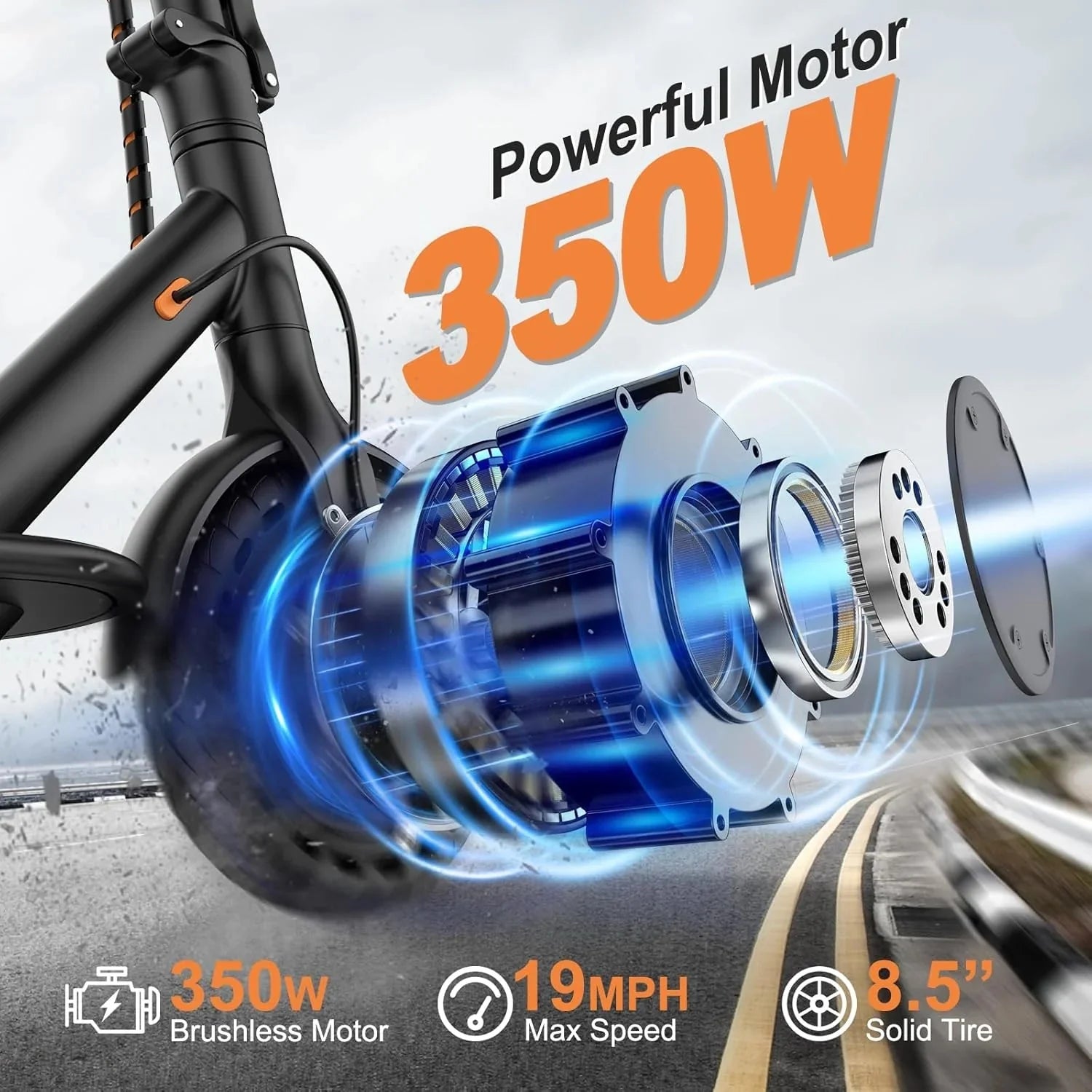 Electric scooter, 350W/500W powerful motor, 8.5"/10" solid rubber tires, 19/22 mph, 28/21/12 mile range, dual brakes