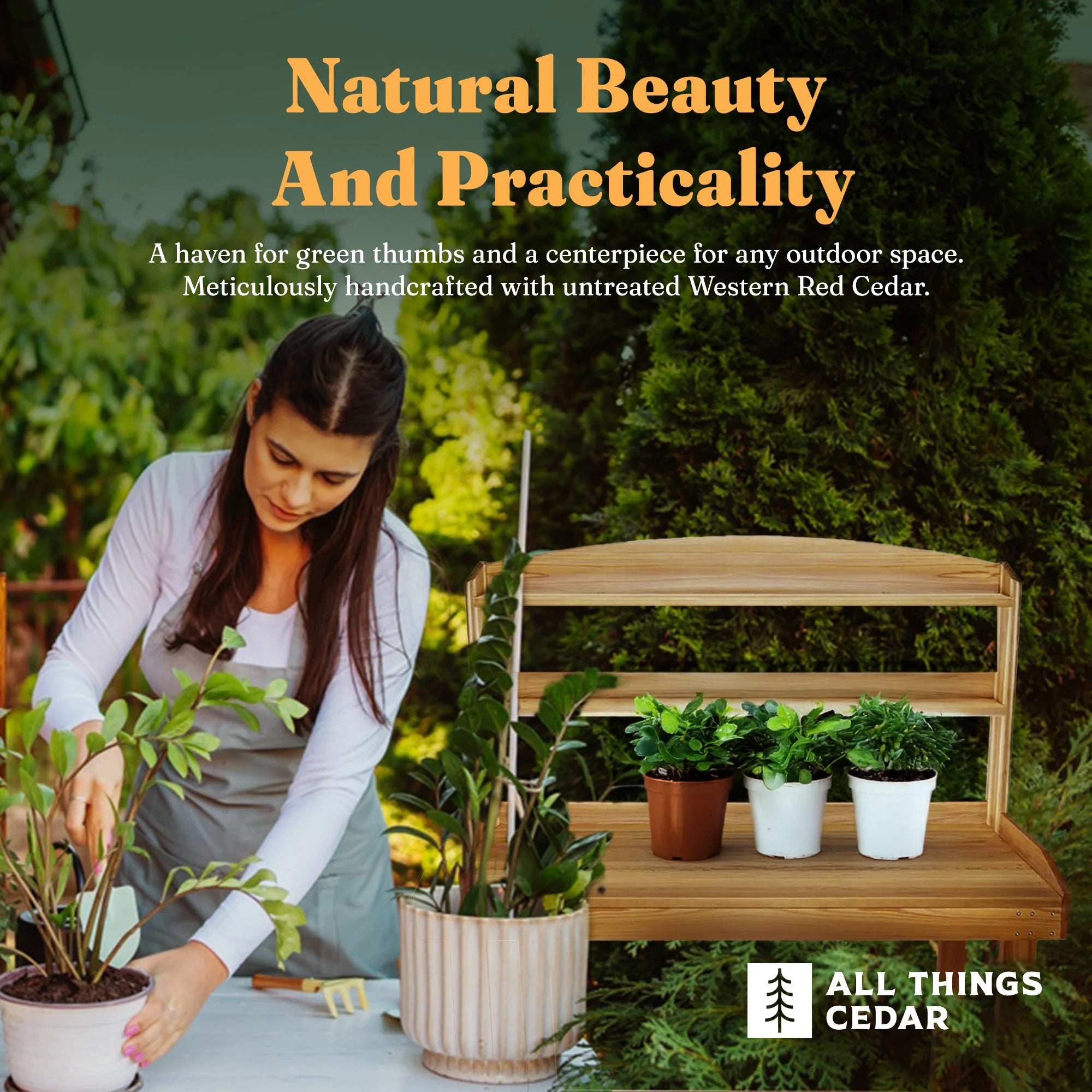 All Things Cedar Deluxe Potting Bench, Outdoor Garden Workstation Table