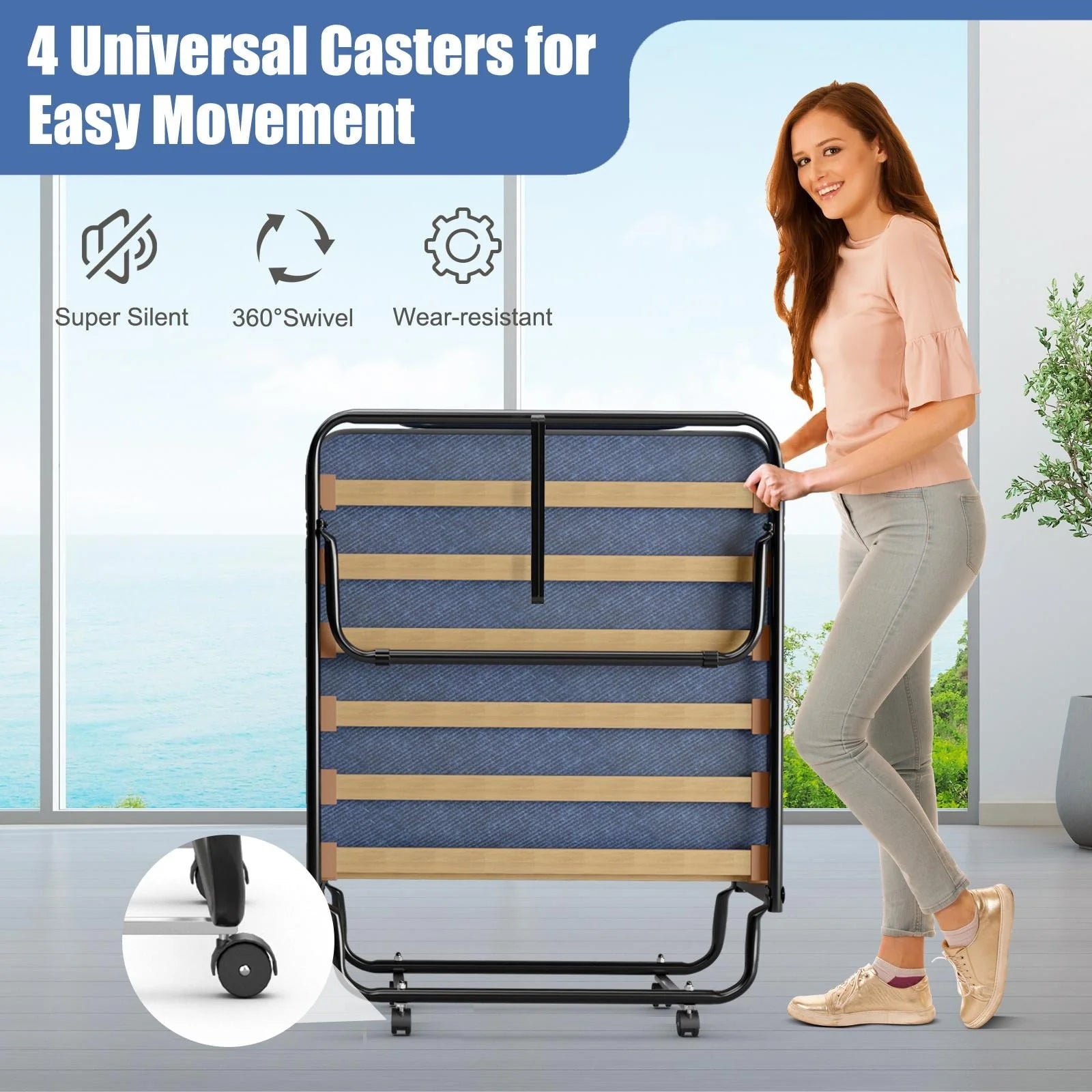 Giantex Rollaway Bed with Memory Foam Mattress, Folding Portable Guest Cot Size w/Sturdy Metal Frame for Home, Garden & Office, Made in Italy (Navy)