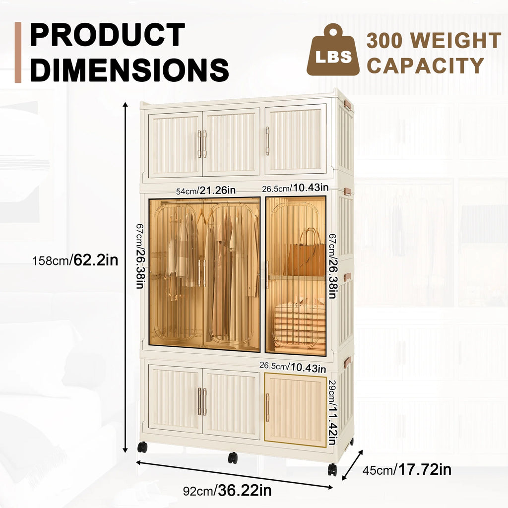 Montary Kids Portable Wardrobe w/ Magnetic Doors & Hanging Rod - 4-Cube Plastic Storage Cabinet,Nursery/Bedroom