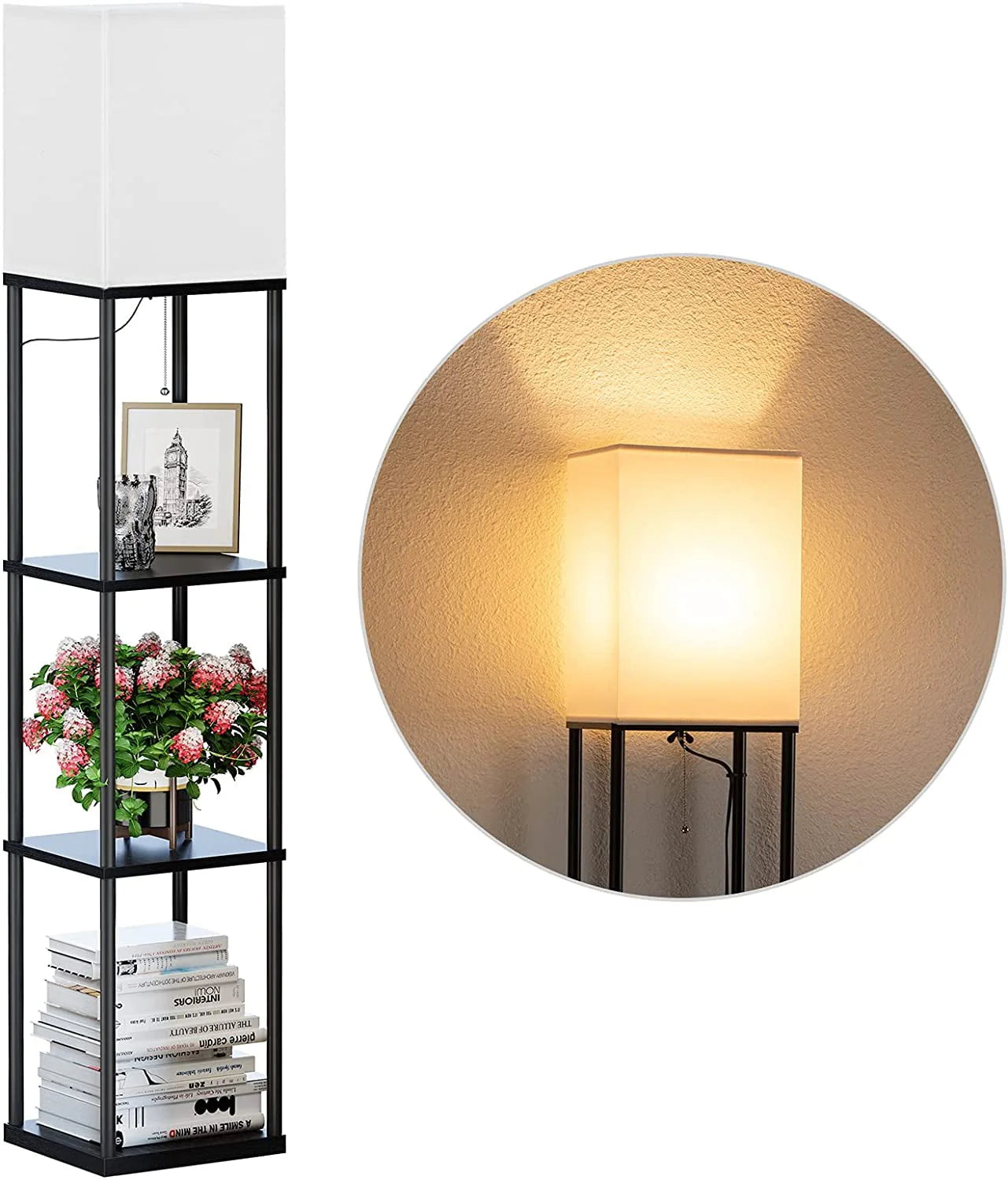 Modern Iron Shelf Floor Lamp with 3-Way Dimmable LED Bulb, Shelves and White Shade for Living Room and Bedroom(Black)