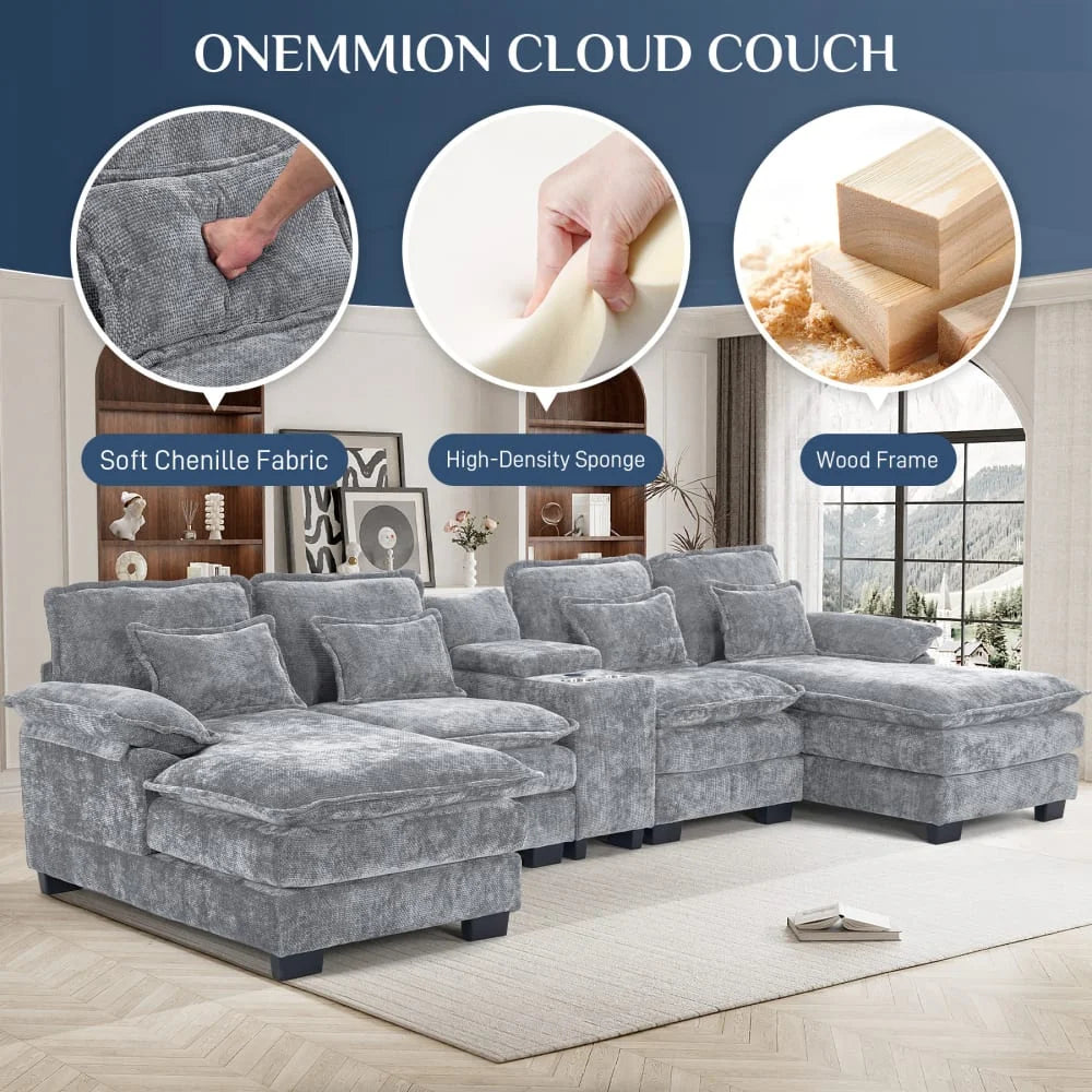 Wiilayok U Shaped Cloud Couch Modular Sectional Sofa 124" Extra Deep Fluffy Chenille Double Chaise Lounge, Central Console w/ Dual USB-C & A Ports, Storm Gray
