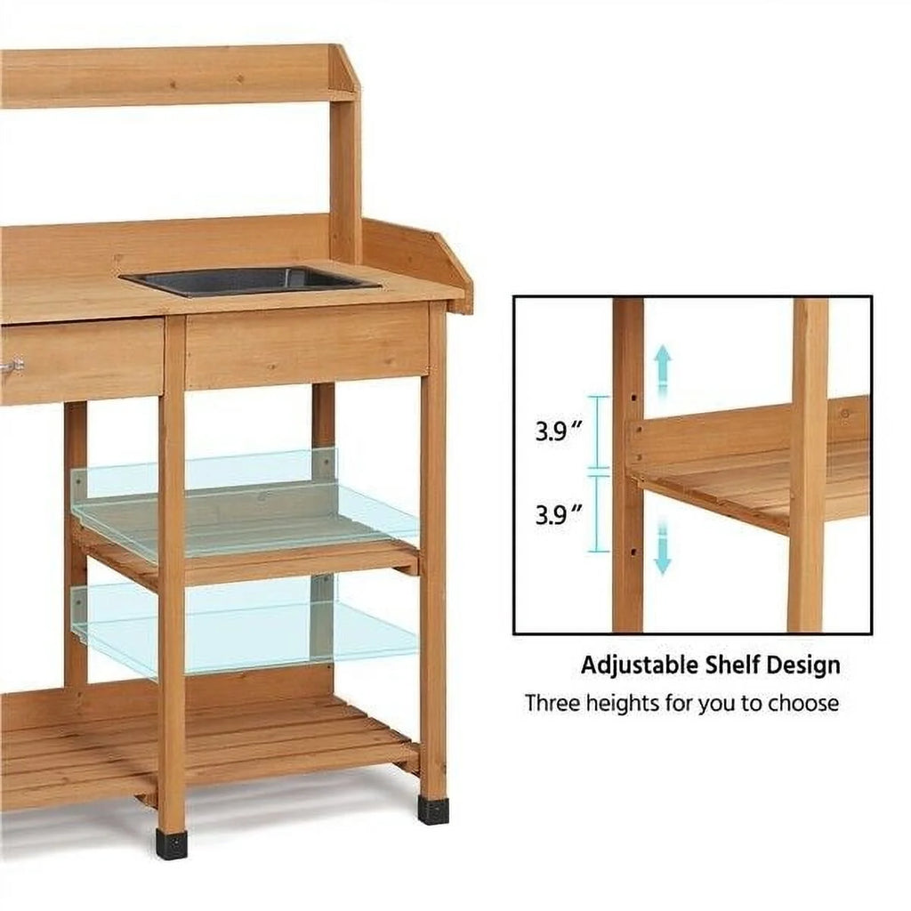 Veado Potting Bench Outdoor Garden Work Bench Station Planting Solid Wood Construction for Horticulture w/Sink Drawer Rack Shelves Natural Wood