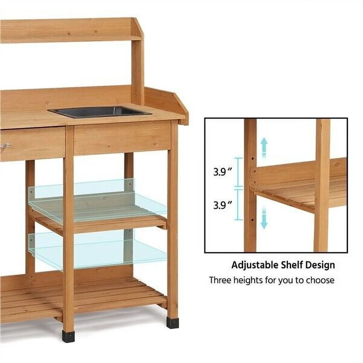 Veado Potting Bench Outdoor Garden Work Bench Station Planting Solid Wood Construction for Horticulture w/Sink Drawer Rack Shelves Natural Wood