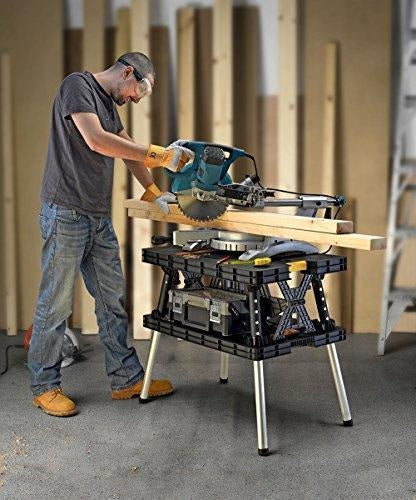 Keter �C 197283 Folding Table Work Bench for Miter Saw Stand, Woodworking Tools and Accessories with Included 12 Inch Wood Clamps �C Easy Garage Storage Black/Yellow