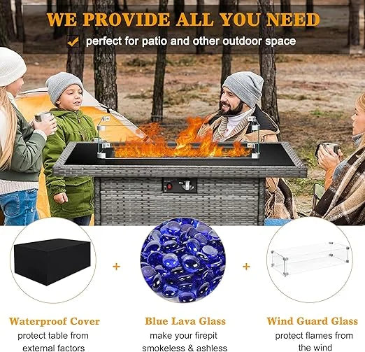 LayinSun 44" Propane Gas Fire Pit Table, 55000 BTU Rectangular Fire Pit with Glass Wind Guard for Outside Patio Deck Garden Backyard
