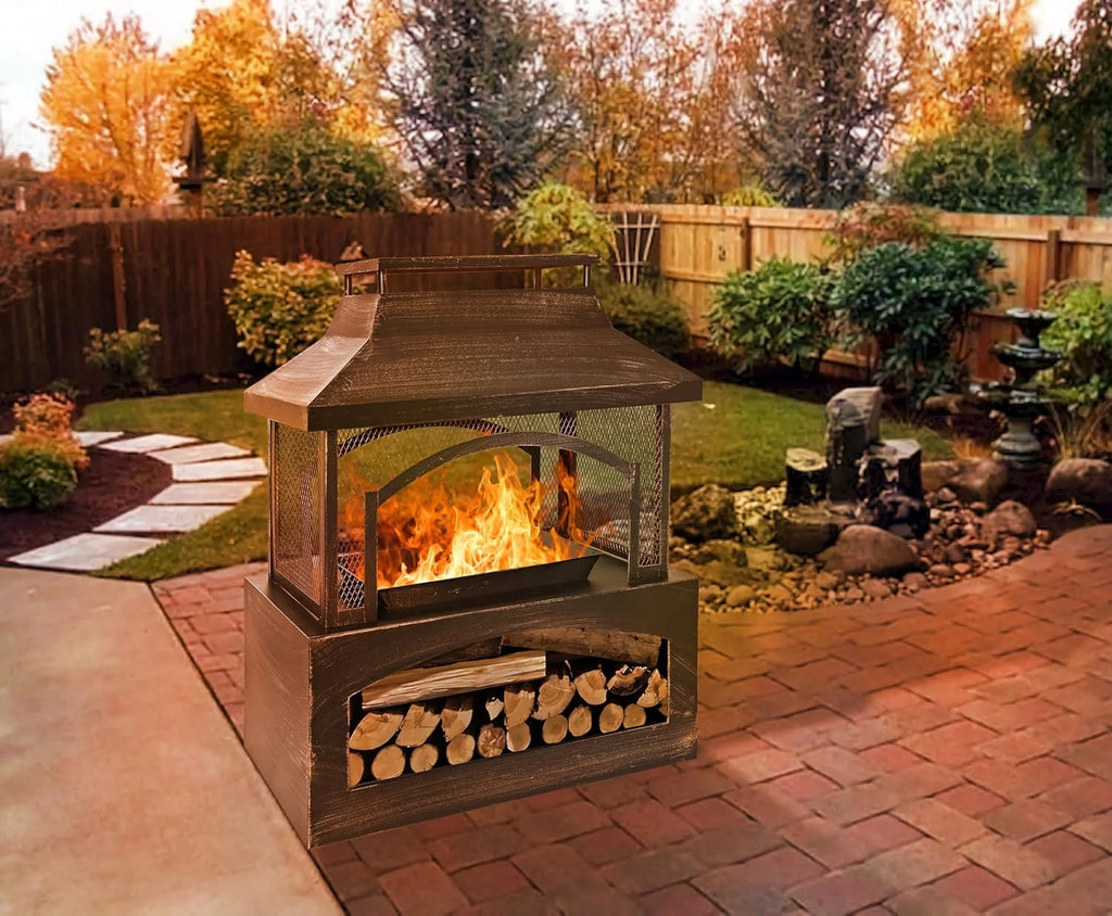 Large Outdoor Wood Burning Fireplace, house shape Outdoor Log Burner Fire Pit with Log Grate and Poker, 37" x 32" x 18" Large Metal Firepit for Patio Garden Backyard, Black
