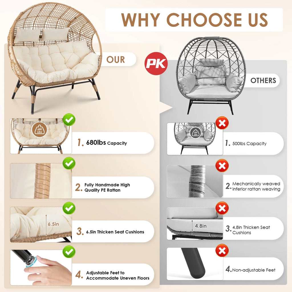 RADIATA Double Egg Chair for 2 Person, Oversized Wicker Loveseat with Thick Cushions, 680 lbs Capacity, Indoor Outdoor Stationary Patio Lounge Chair for Balcony, Garden, Beige