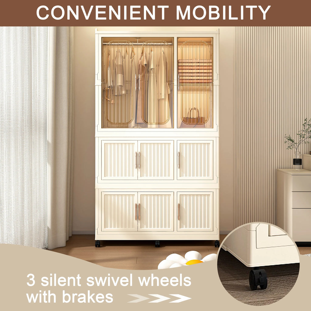 Montary Kids Portable Wardrobe w/ Magnetic Doors & Hanging Rod - 4-Cube Plastic Storage Cabinet,Nursery/Bedroom
