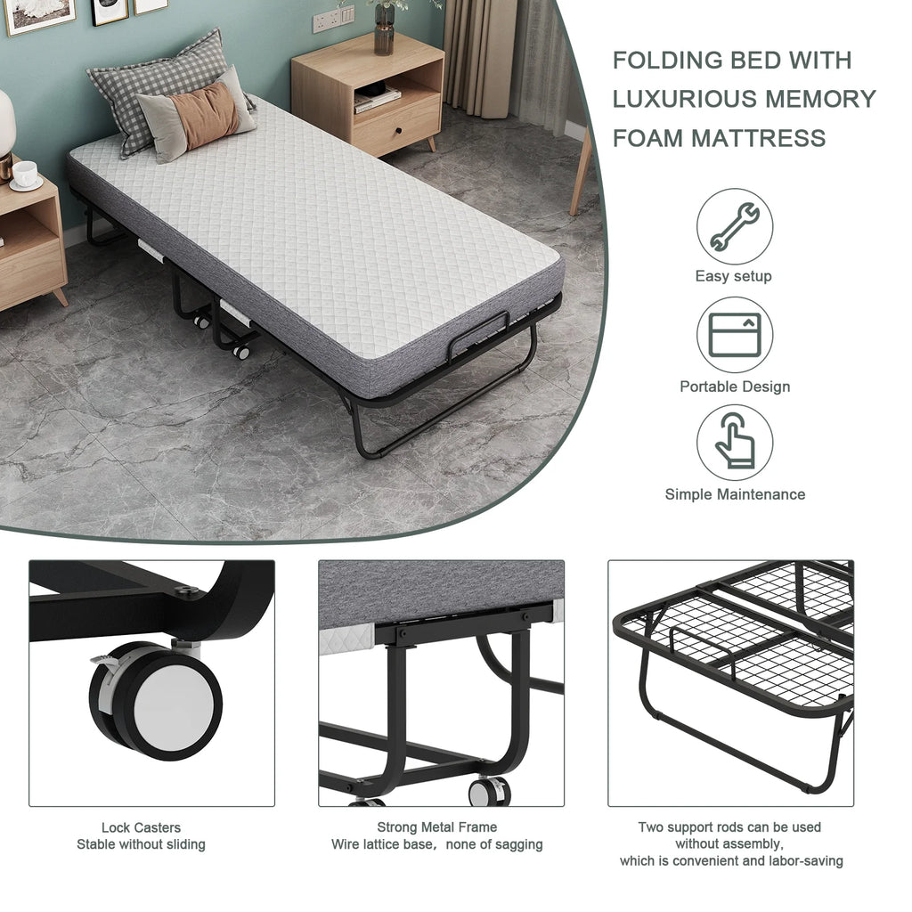 Folding Bed with Mattress 75" x 31" Cot Size Folded Bed, Rollaway Guest Bed Portable Foldable Extra Bed for Adults Daybed with 5" Memory Foam Mattress Space-Saving Sturdy Metal Grid Frame