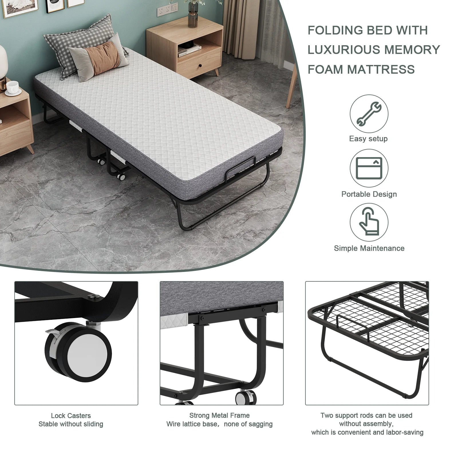 Folding Bed with Mattress 75" x 31" Cot Size Folded Bed, Rollaway Guest Bed Portable Foldable Extra Bed for Adults Daybed with 5" Memory Foam Mattress Space-Saving Sturdy Metal Grid Frame