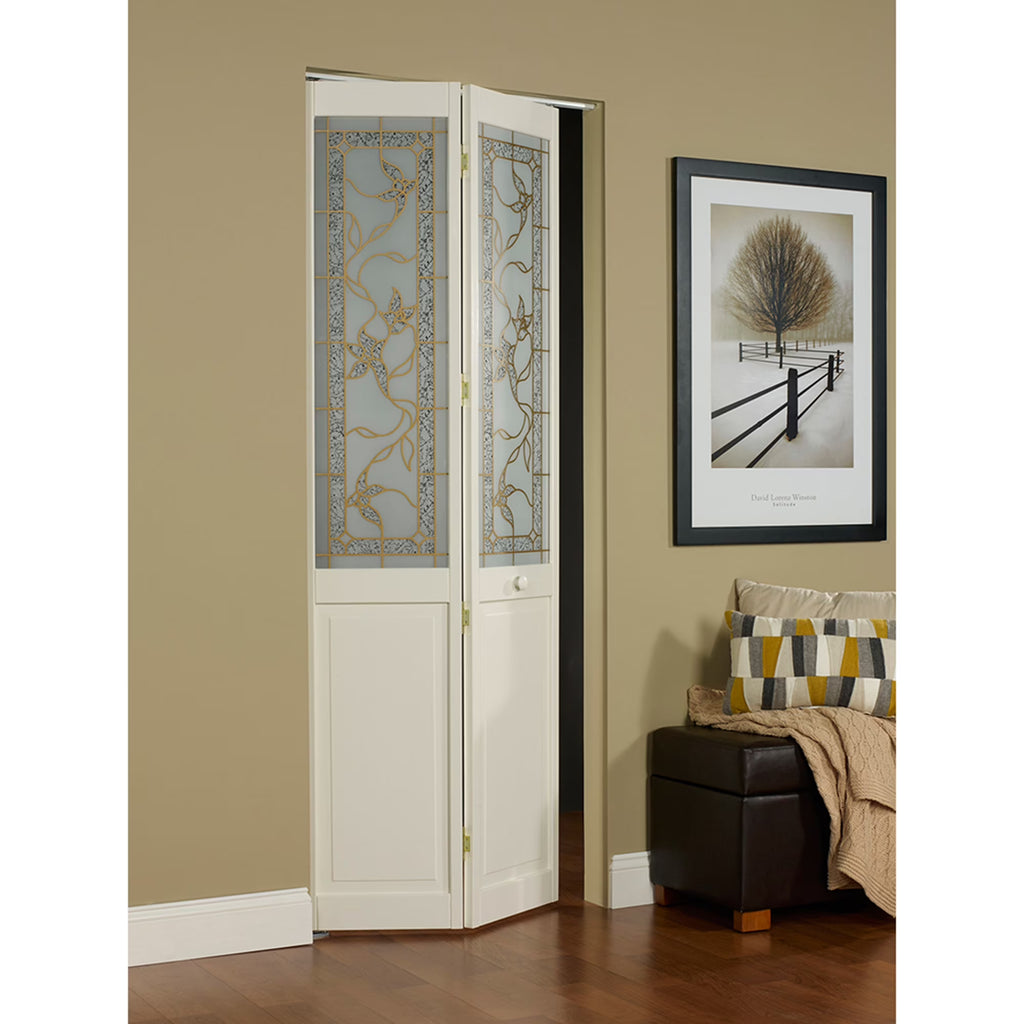 LTL Home Products Pinecroft Tuscany Decorative Glass/Raised Panel Interior Bifold Solid Pine Wood Door, 24" x 80", Unfinished Pine 24x80 Inch