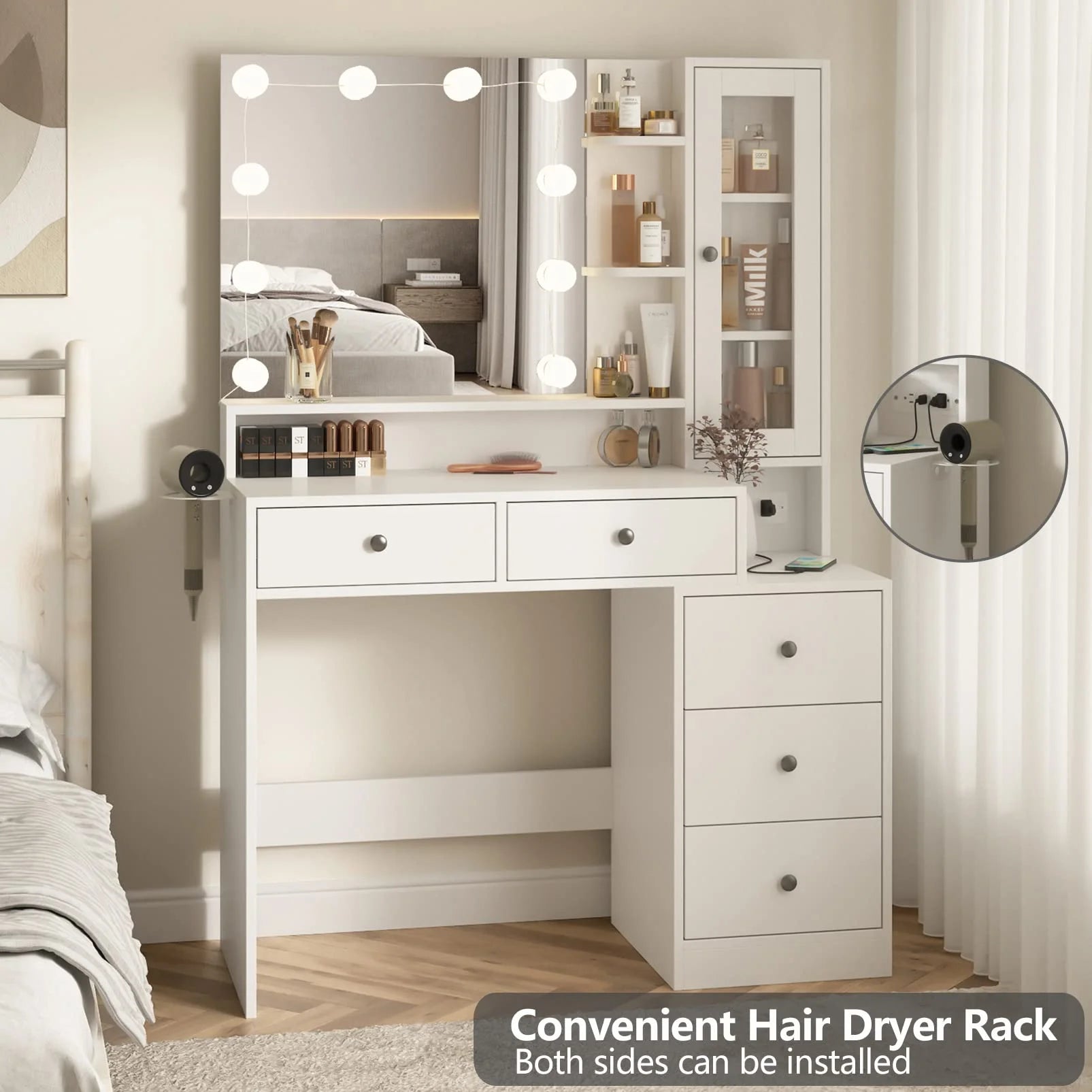 VEANERWOOD Makeup Vanity Desk with Lighted Mirror and Power Strip, Modern Vanity Table with 5 Drawers, White