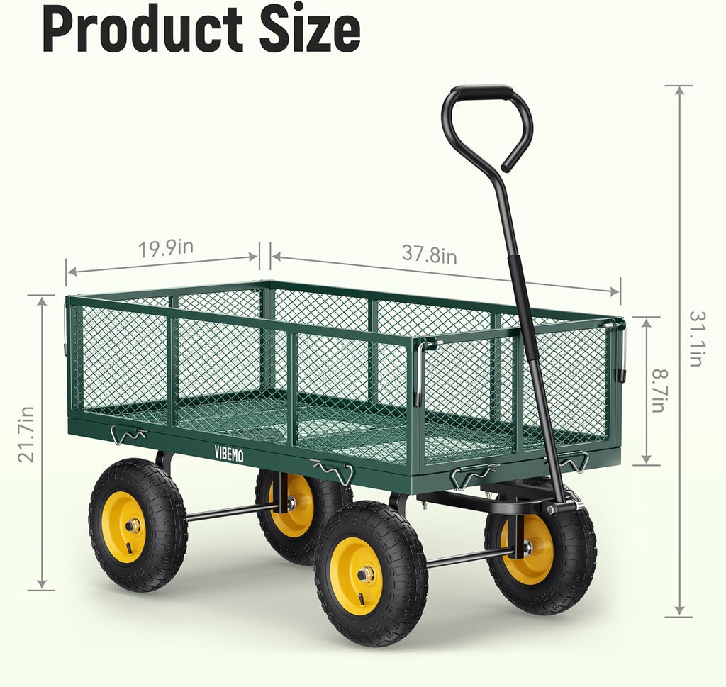 Steel Garden Cart, 2-in-1 1400 lbs Heavy Duty Utility Wagon, with Removable Mesh Sides to Convert into Flatbed, 240�� U-Turn 13" Pneumatic Tires Garden Wagon for Farm Yard Lawn Garden Camping