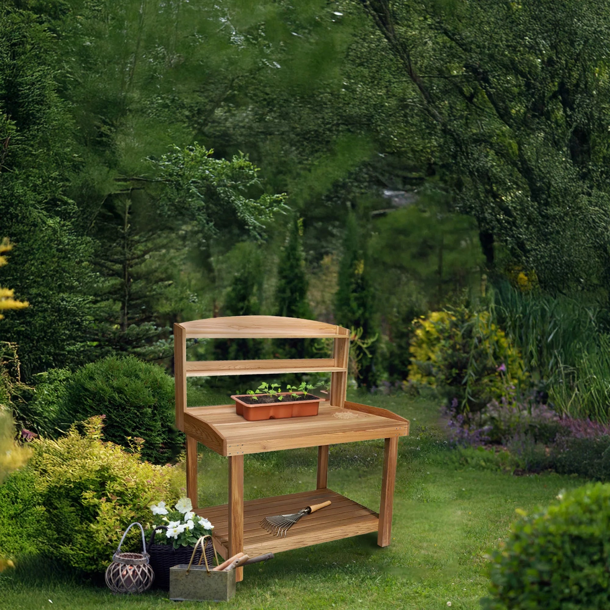 All Things Cedar Deluxe Potting Bench, Outdoor Garden Workstation Table