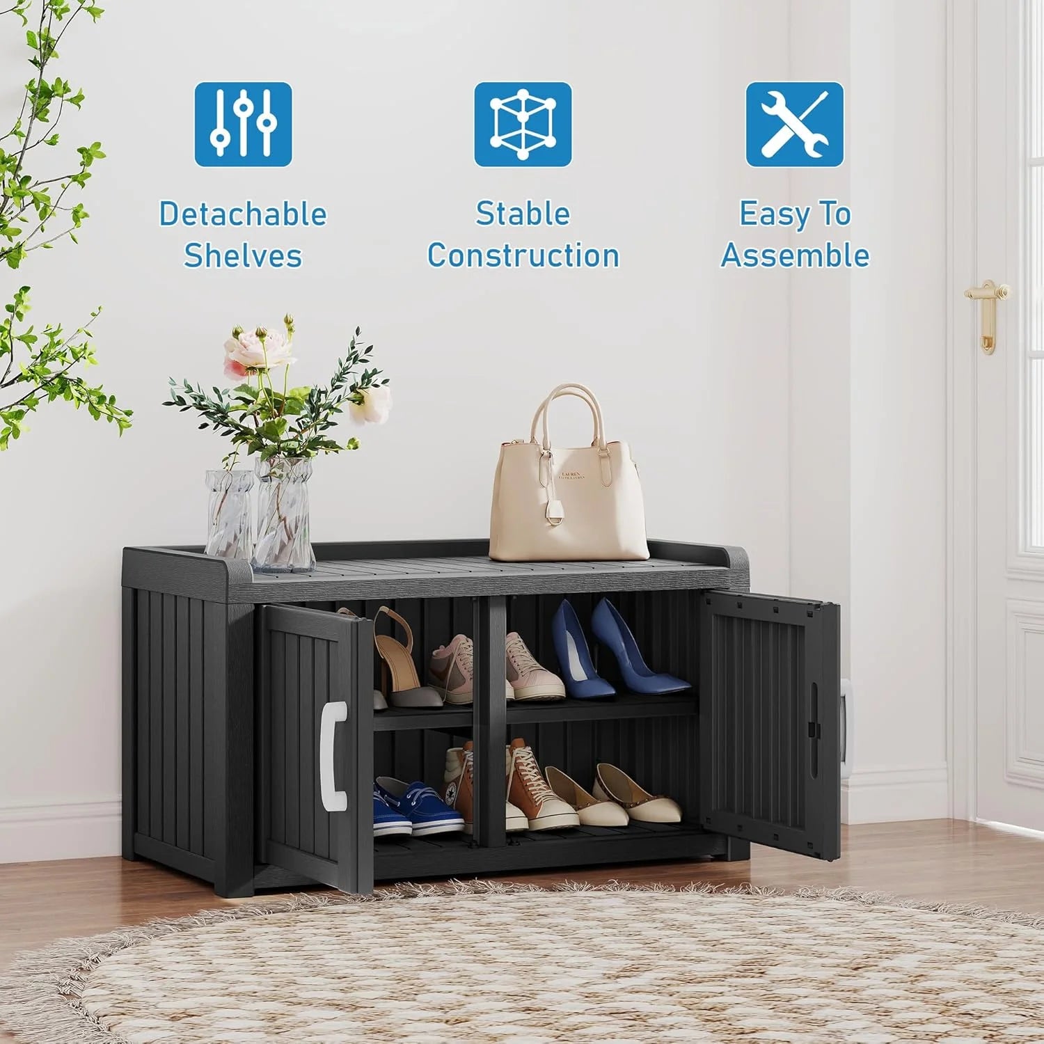 KAMABOKO Outdoor Shoe Storage Cabinet, Waterproof UV-Resistant Entryway Storage Bench Indoor Outdoor with 2 Barn Doors, Adjustable Shelves for Entryway, Bedroom, Hallway,Living Room(Black)