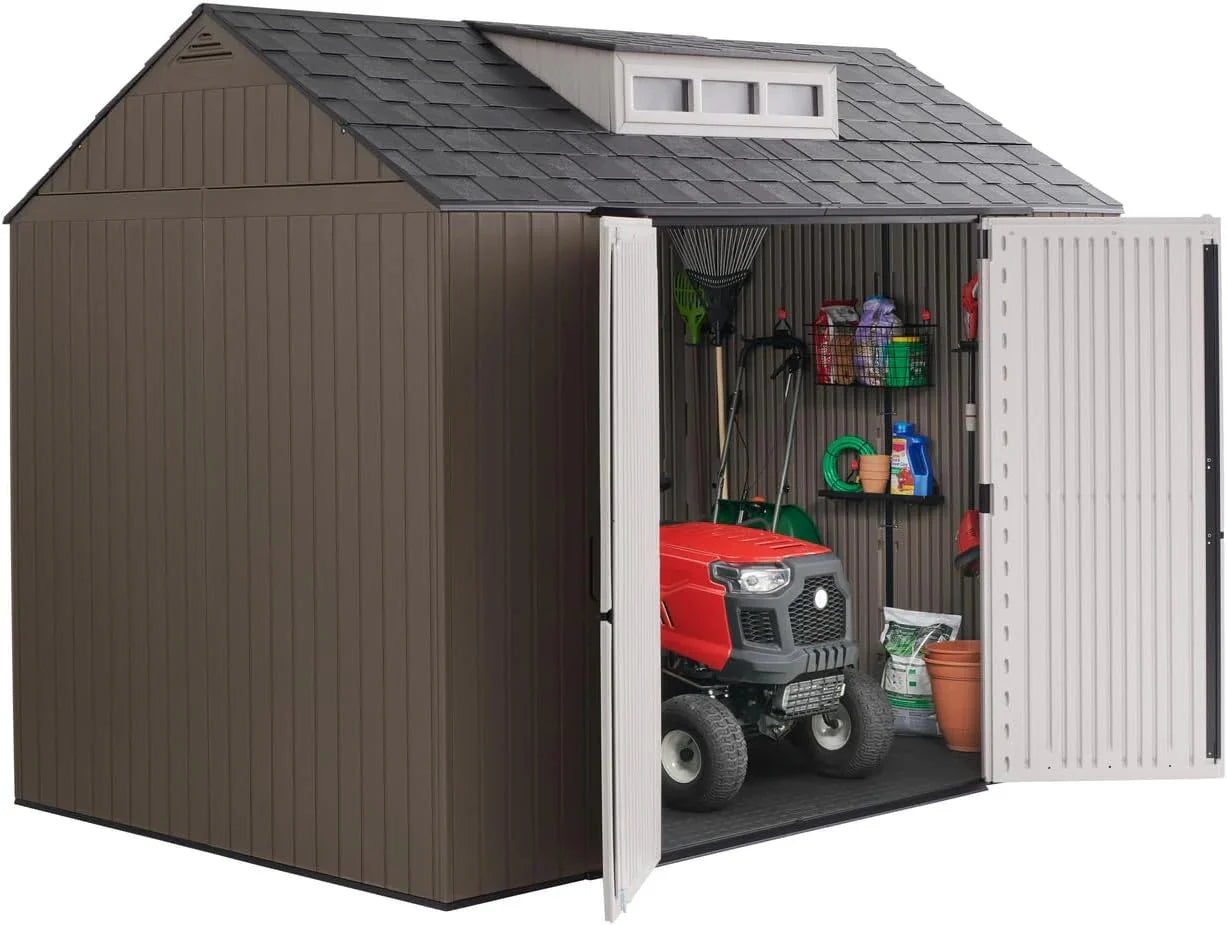 Rubbermaid resin garden shed with floor (2.13 x 2.13 m), weatherproof, grey, for storing garden tools, lawnmowers, bicycles and pool accessories