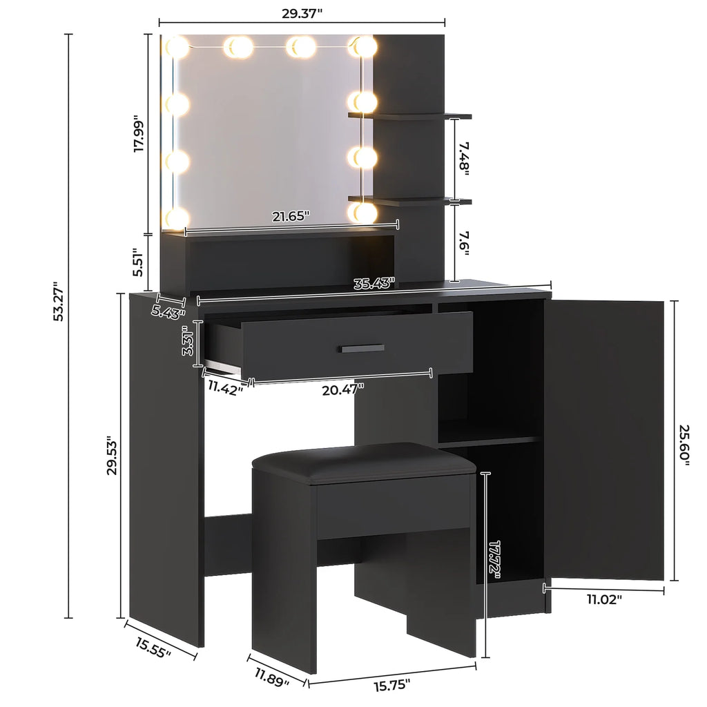 Ktaxon Vanity Set with 3 Color Lighted Mirror, Makeup Table with 3 Storage Shelves & Drawers, Dressing Table Makeup Desk with Stool,White