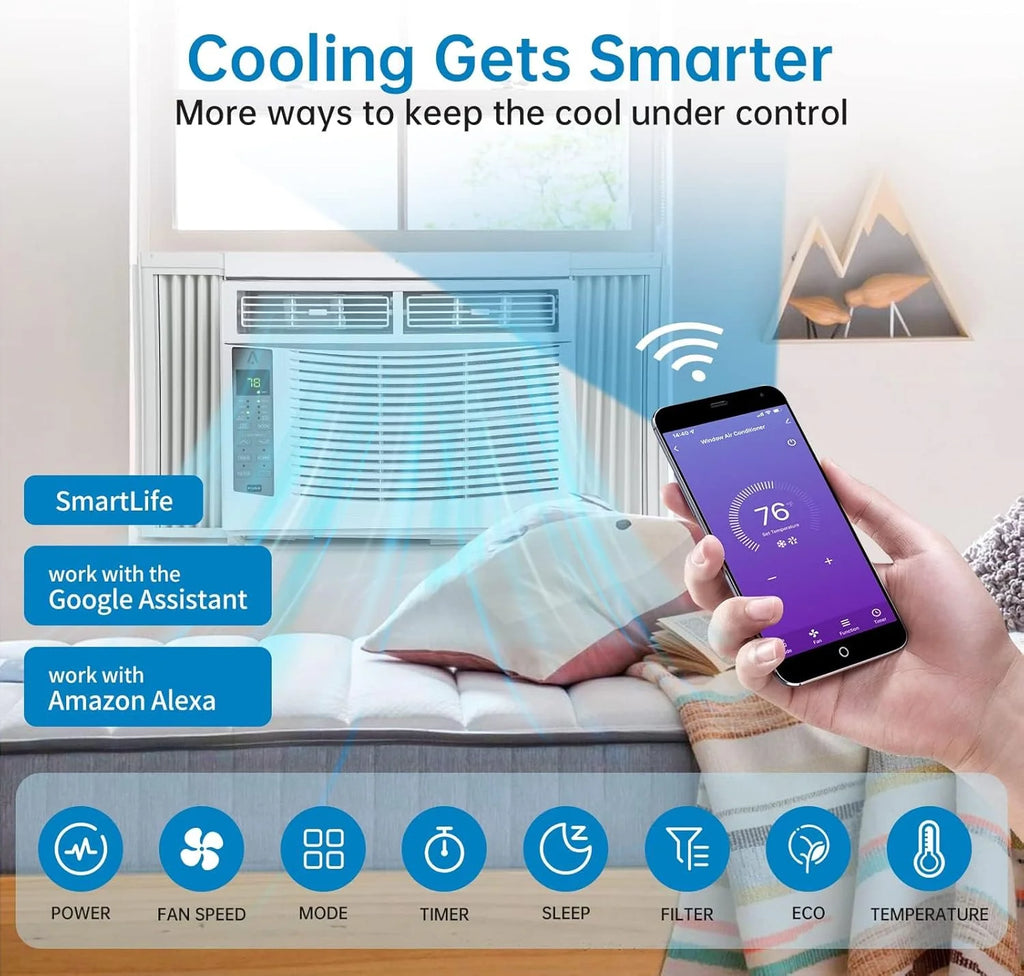 GAOMON Smart 6000 BTU Window Air Conditioner ?C WiFi-Enabled AC with Remote & App Control, Timer, Sleep Mode, Easy Install Kit, Cools Rooms Up to 350 Sq. Ft, 115V, White
