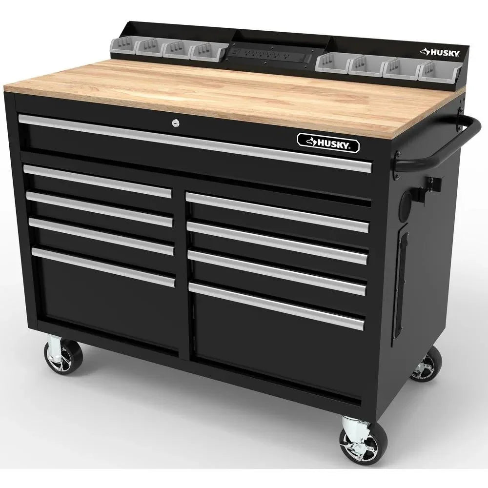 Mobile workbench with 9 drawers, hardwood top and power connection, 117 cm W x 62 cm D �C high-gloss black