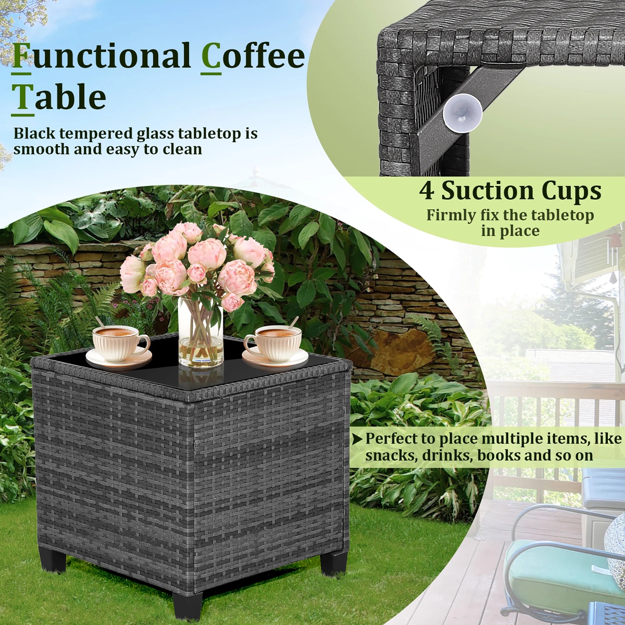 Gymax 3PCS Patio Rattan Sofa Set Outdoor Wicker Conversation Set Glass Tabletop w/ Grey Cushion