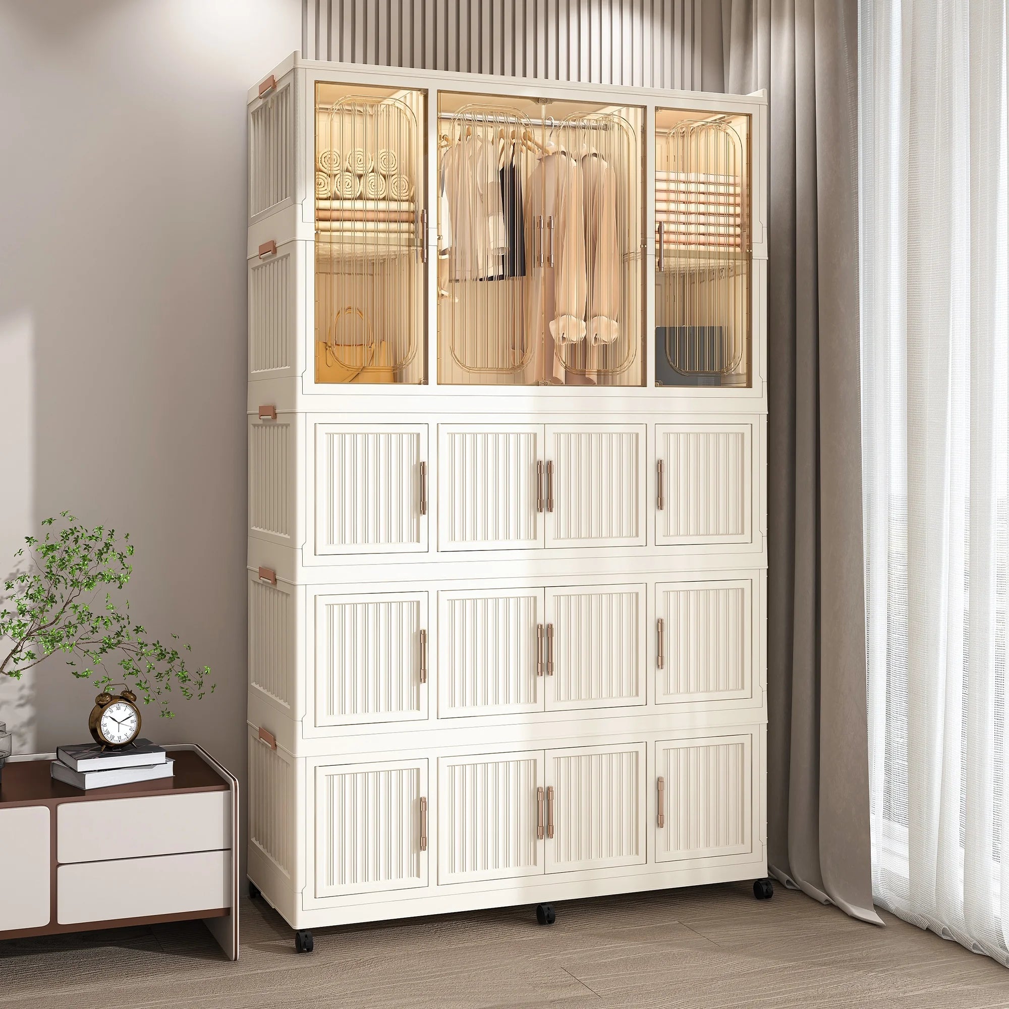 Montary Kids Portable Wardrobe w/ Magnetic Doors & Hanging Rod - 4-Cube Plastic Storage Cabinet,Nursery/Bedroom