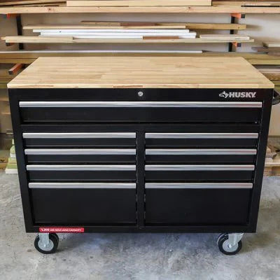 Mobile workbench with 9 drawers, hardwood top and power connection, 117 cm W x 62 cm D �C high-gloss black
