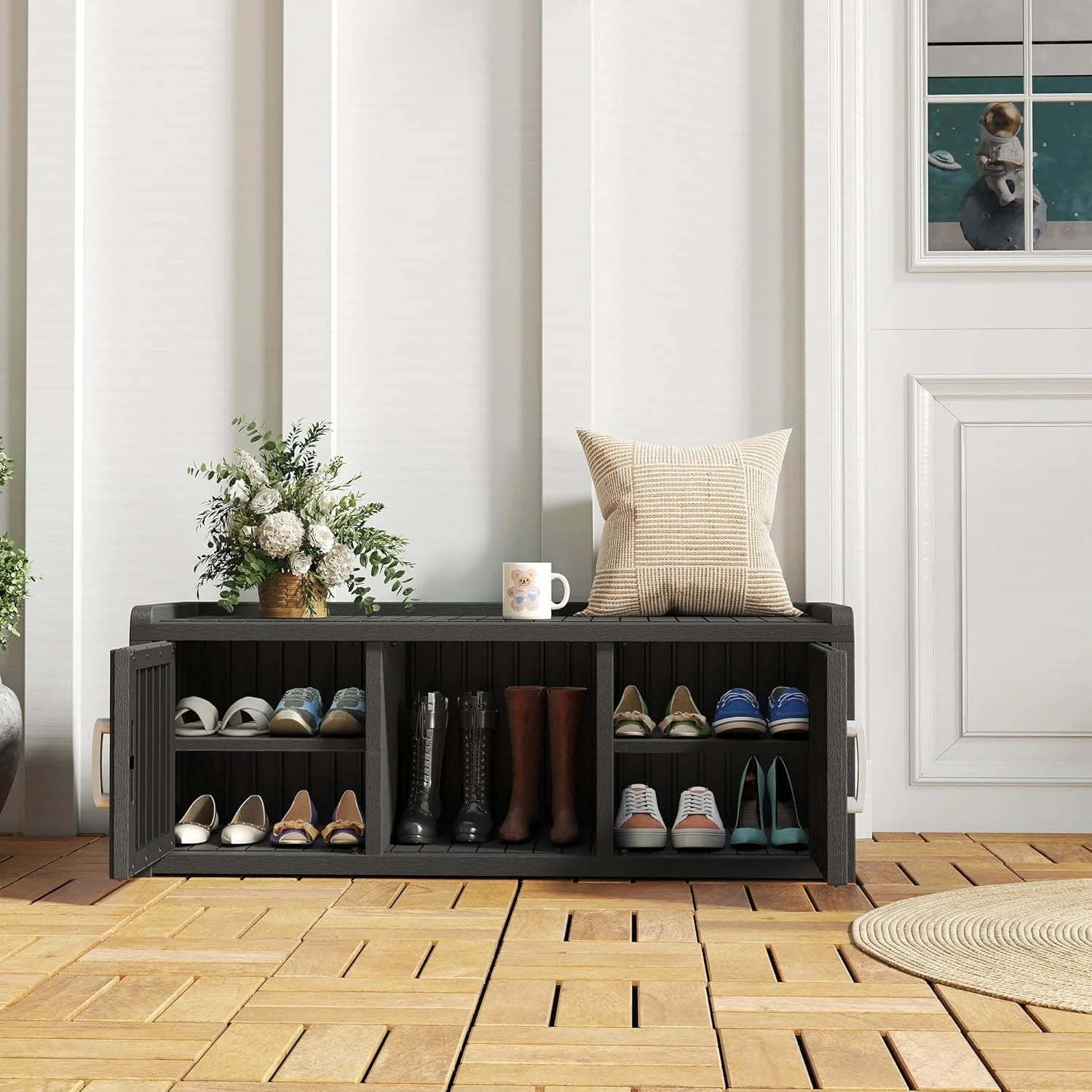 KAMABOKO Outdoor Shoe Storage Cabinet, Waterproof UV-Resistant Entryway Storage Bench Indoor Outdoor with 2 Barn Doors, Adjustable Shelves for Entryway, Bedroom, Hallway,Living Room(Black)