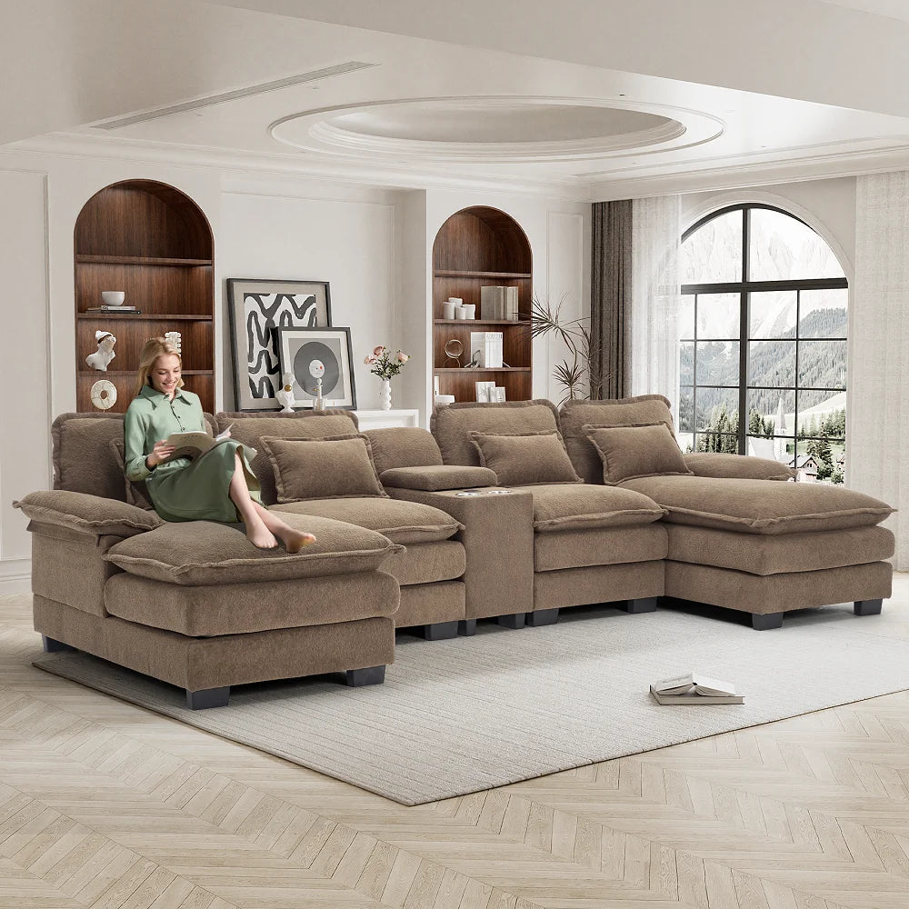 Wiilayok U Shaped Cloud Couch Modular Sectional Sofa 124" Extra Deep Fluffy Chenille Double Chaise Lounge, Central Console w/ Dual USB-C & A Ports, Storm Gray