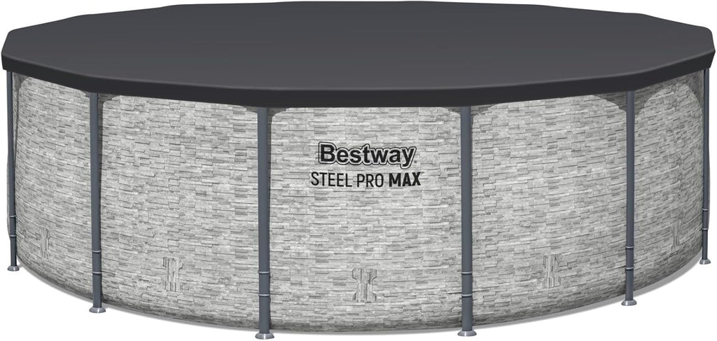 Steel Pro MAX 14 Foot x 48 Inch Round Metal Frame Above Ground Outdoor Swimming Pool Set with 1,000 Filter Pump, Ladder, and Cover, Gray