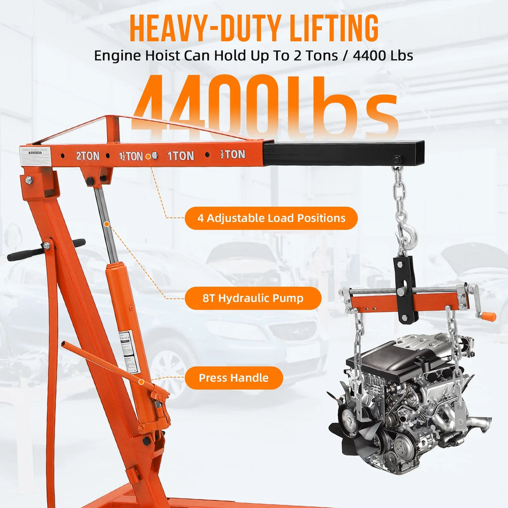 JoanKaren Hydraulic Engine Hoist,4400lbs Max Weight,Folding Engine Lift Shop Crane with Lever and 6 Steel Caster Wheels,Yellow