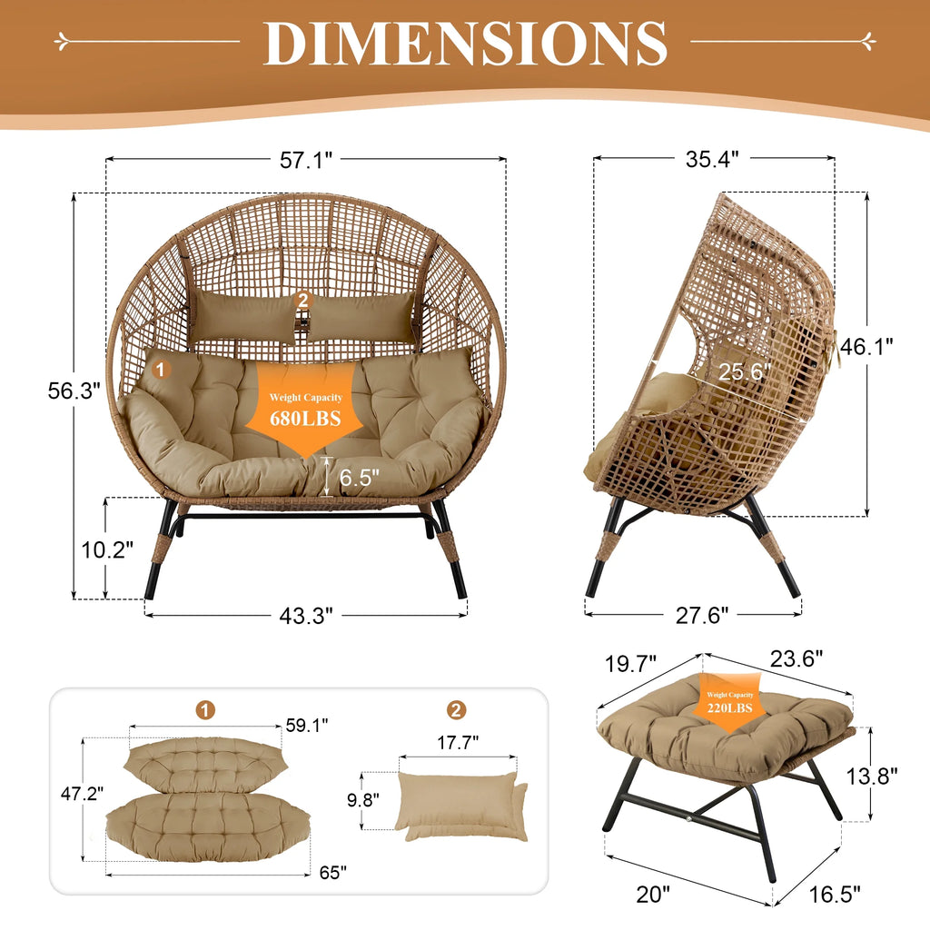 RADIATA Double Egg Chair for 2 Person, Oversized Wicker Loveseat with Thick Cushions, 680 lbs Capacity, Indoor Outdoor Stationary Patio Lounge Chair for Balcony, Garden, Beige