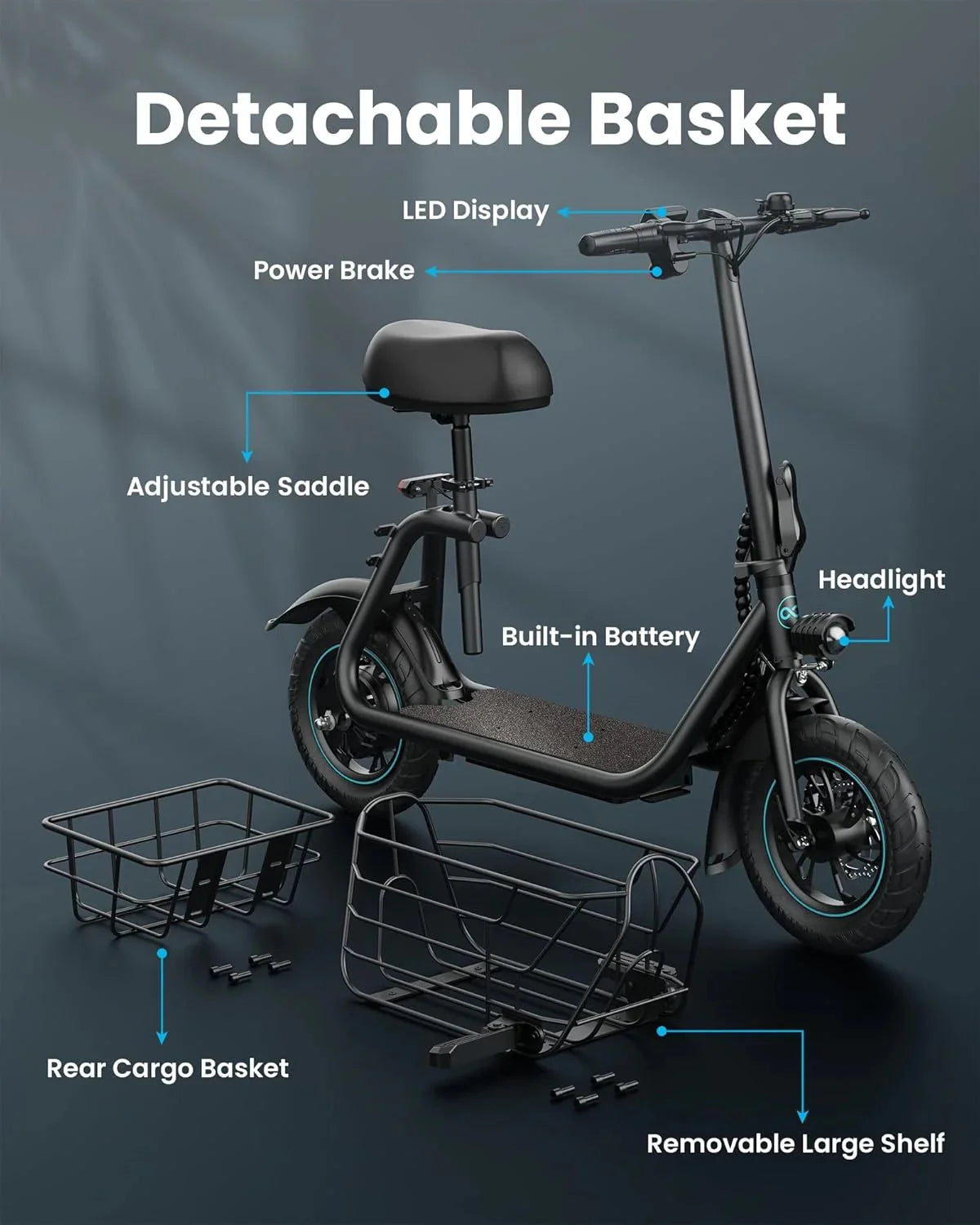 Electric scooter for adults with large center basket